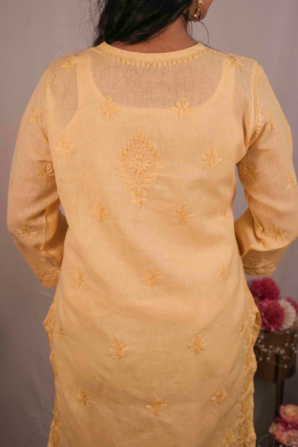 Linen Chikankari Yellow Kurti