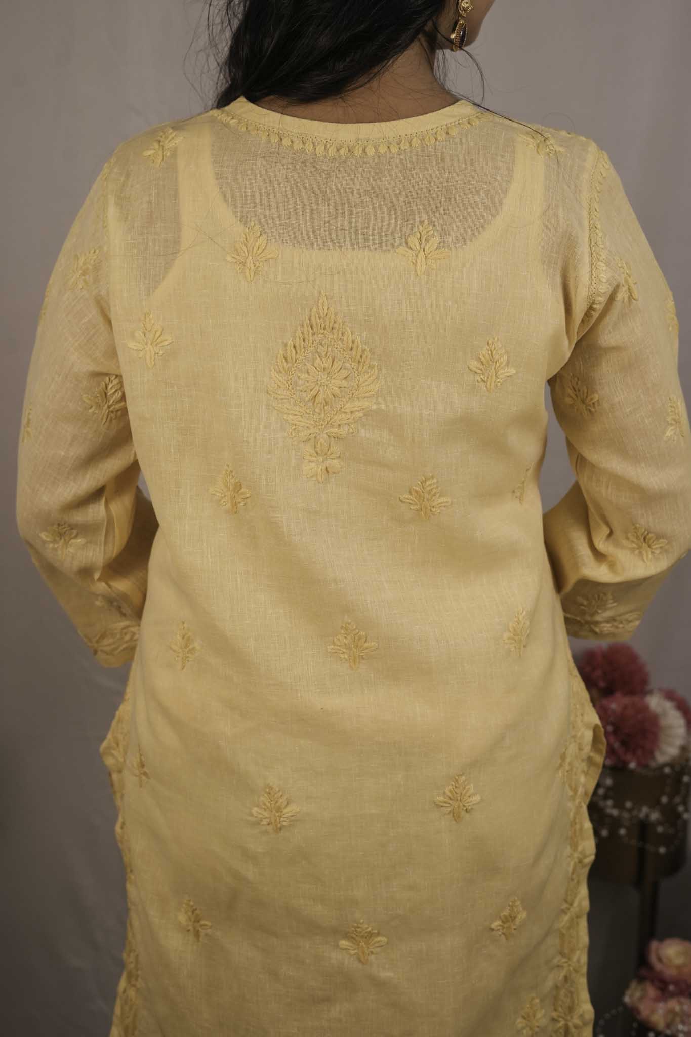 Linen Chikankari Yellow Kurti