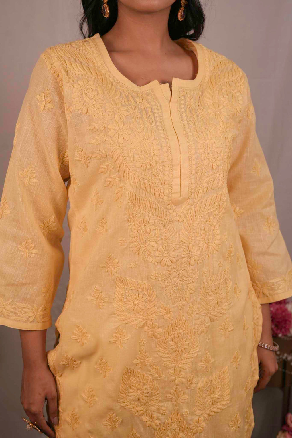 Linen Chikankari Yellow Kurti