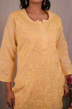 Linen Chikankari Yellow Kurti