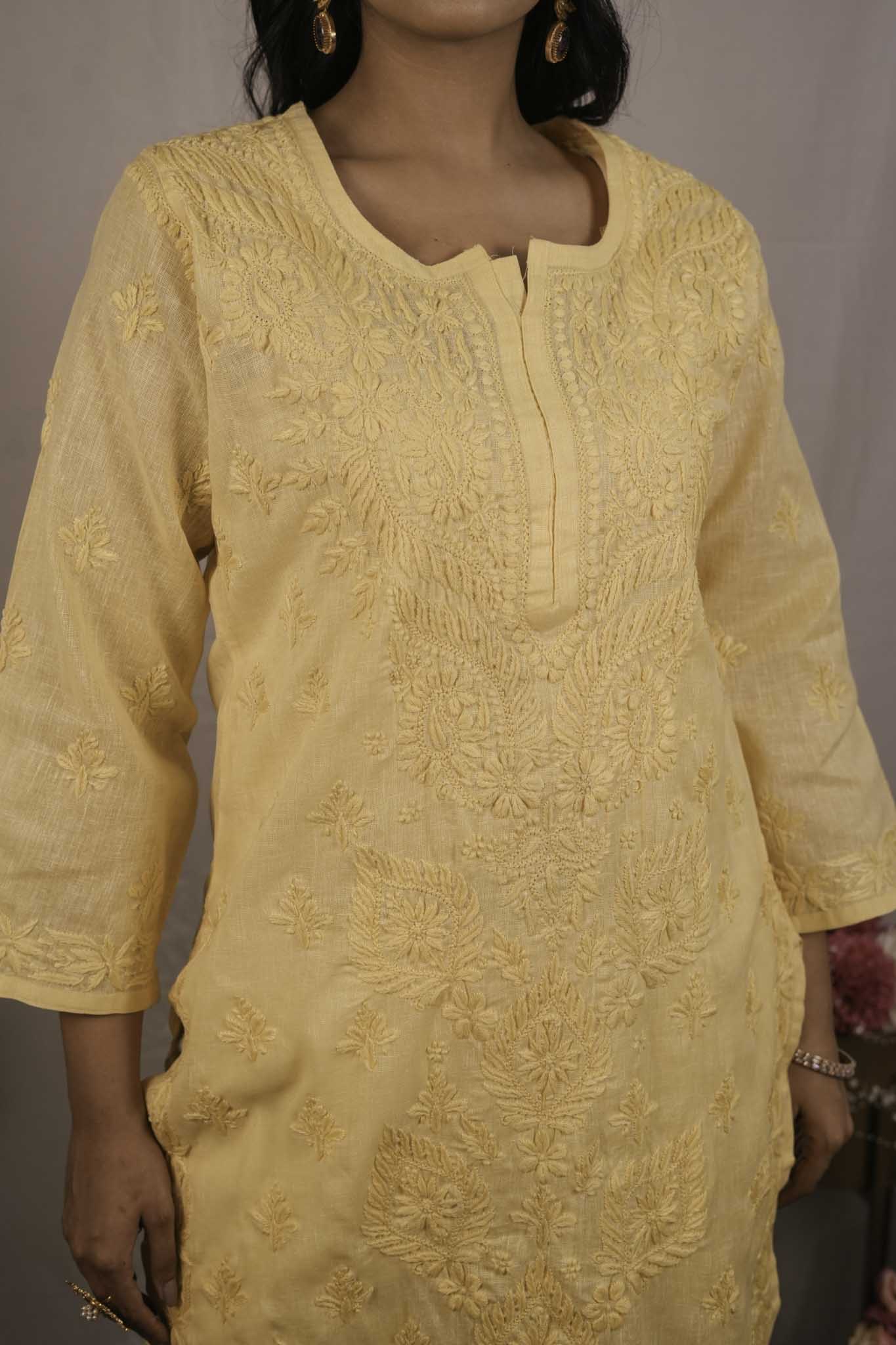 Linen Chikankari Yellow Kurti