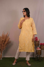 Linen Chikankari Yellow Kurti