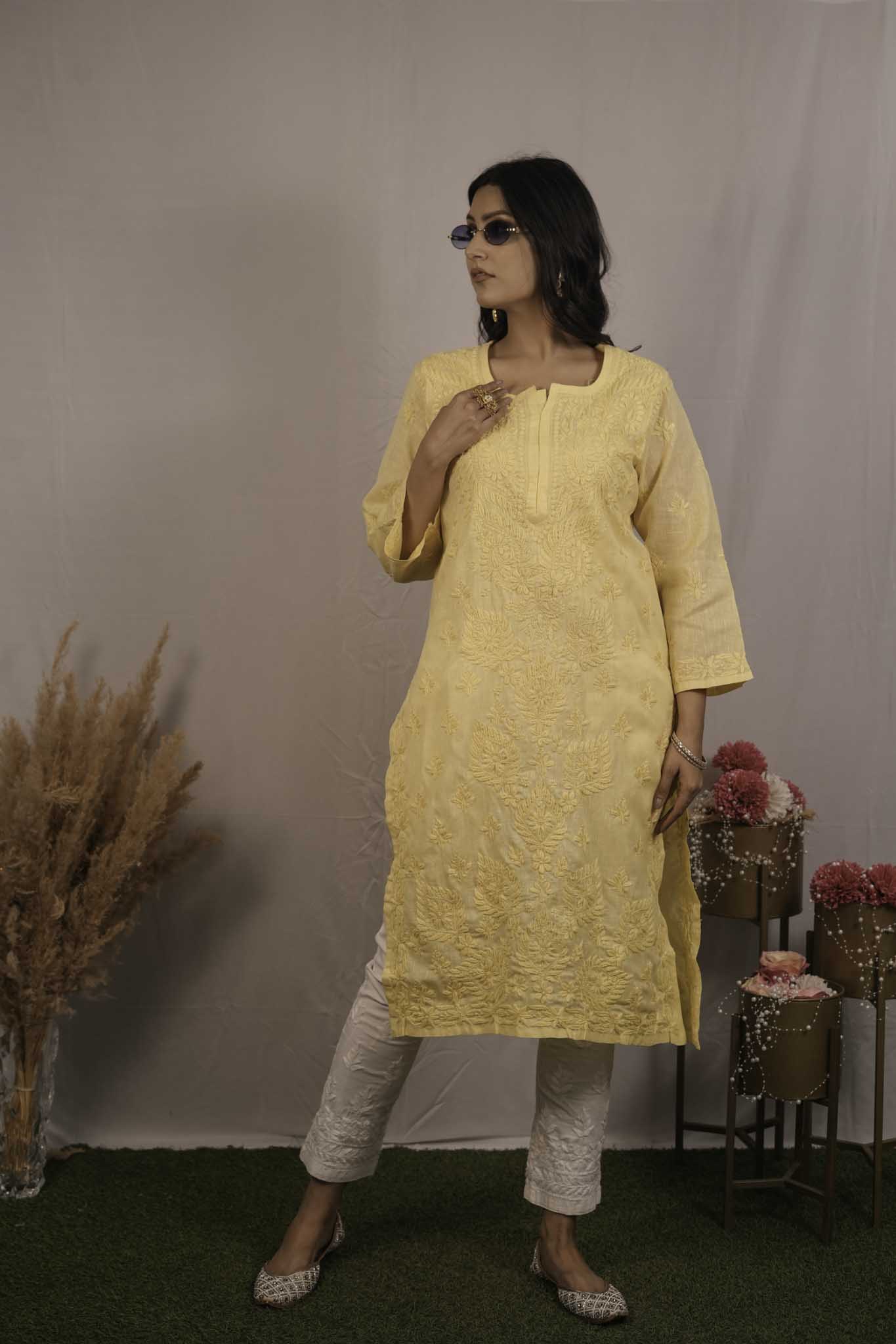 Linen Chikankari Yellow Kurti