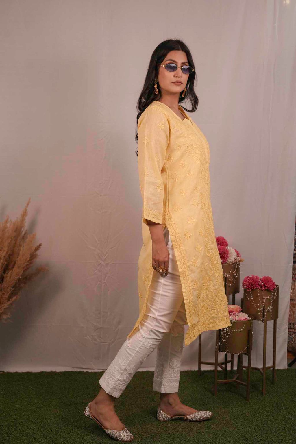 Linen Chikankari Yellow Kurti