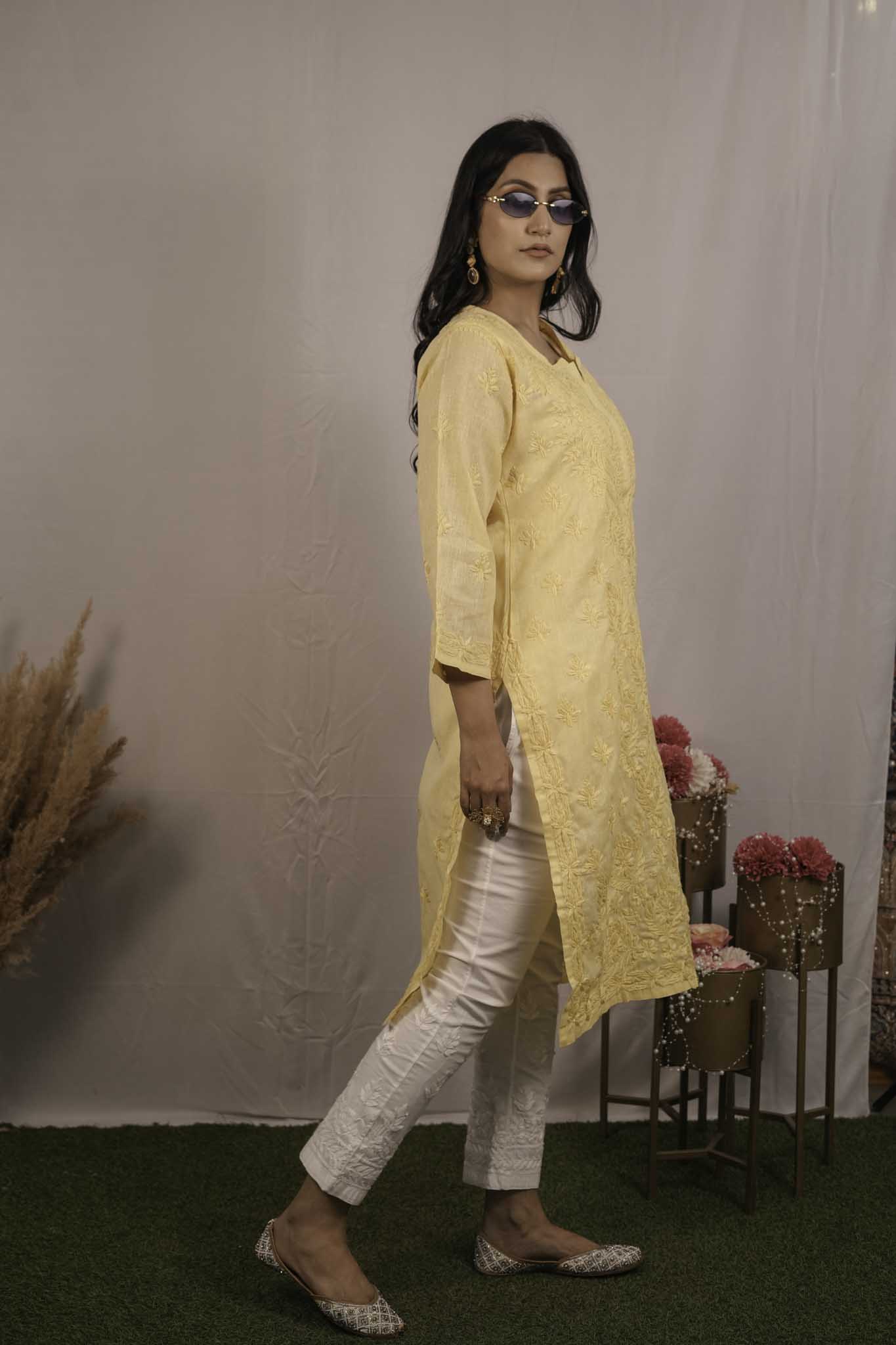 Linen Chikankari Yellow Kurti