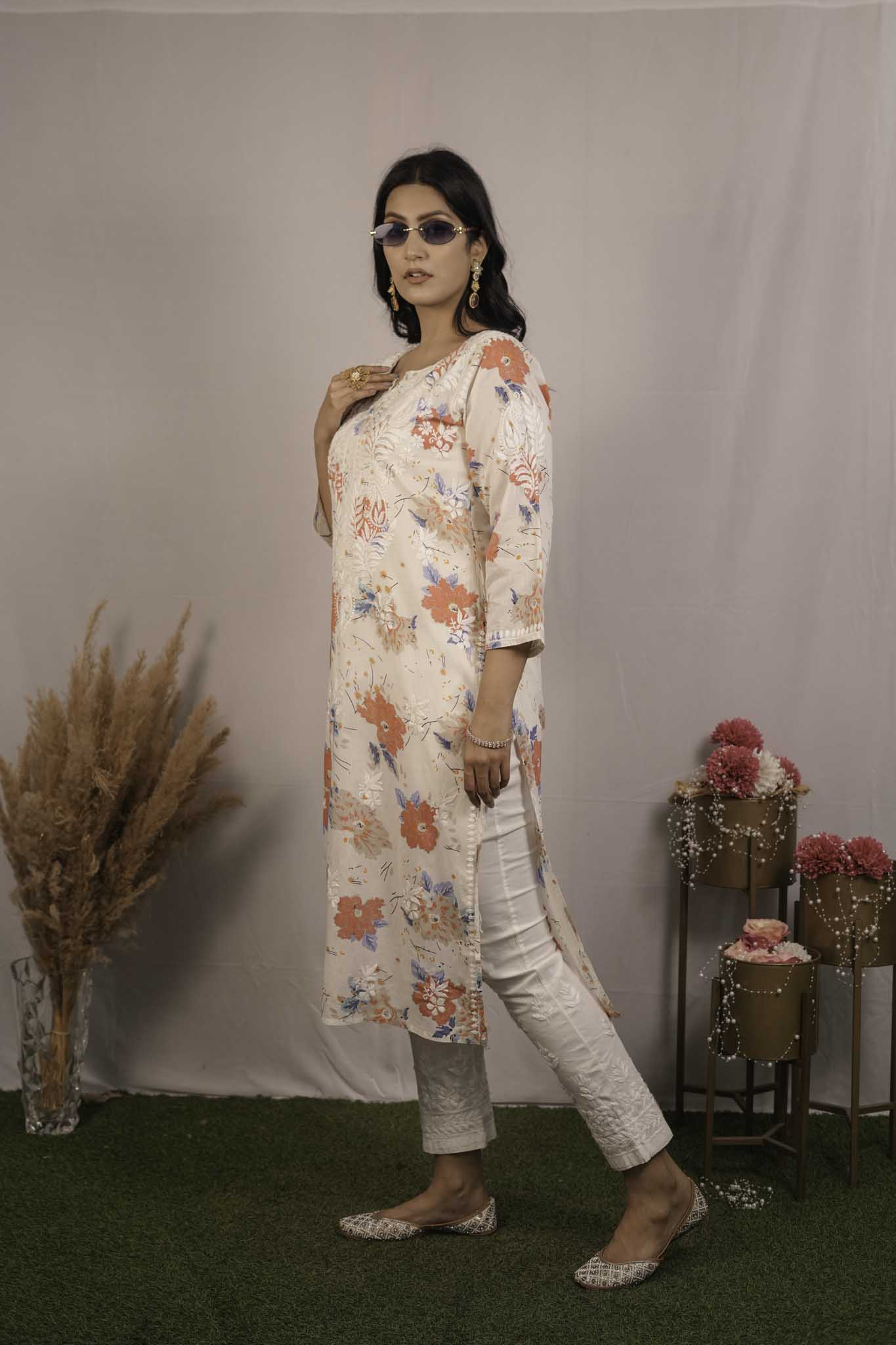 Printed Mul Cotton Chikankari Kurti
