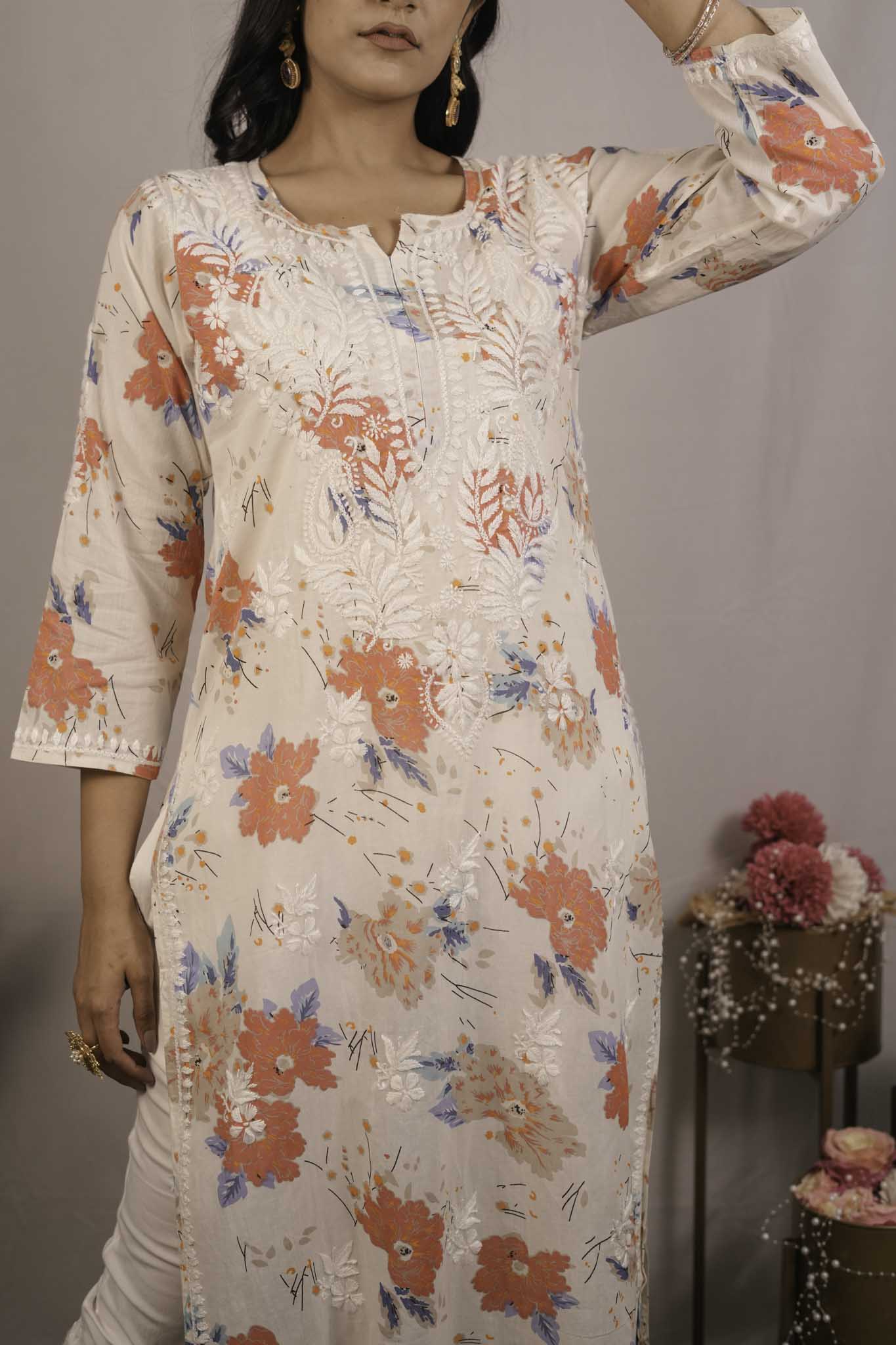 Printed Mul Cotton Chikankari Kurti