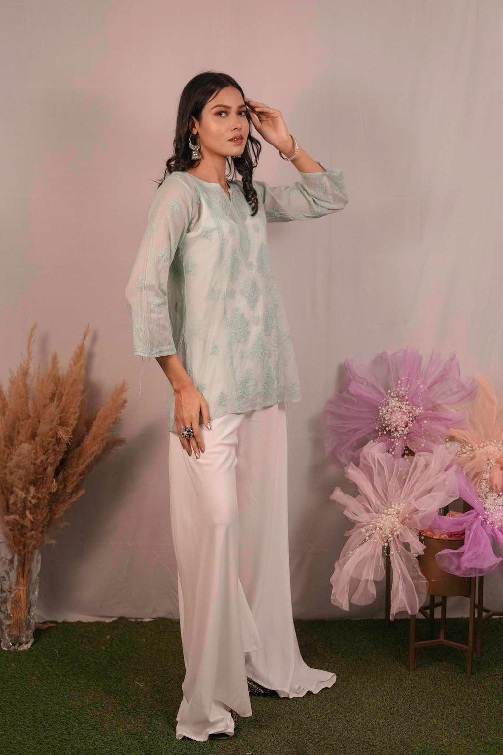 Mulmul Chikankari Green Short Top