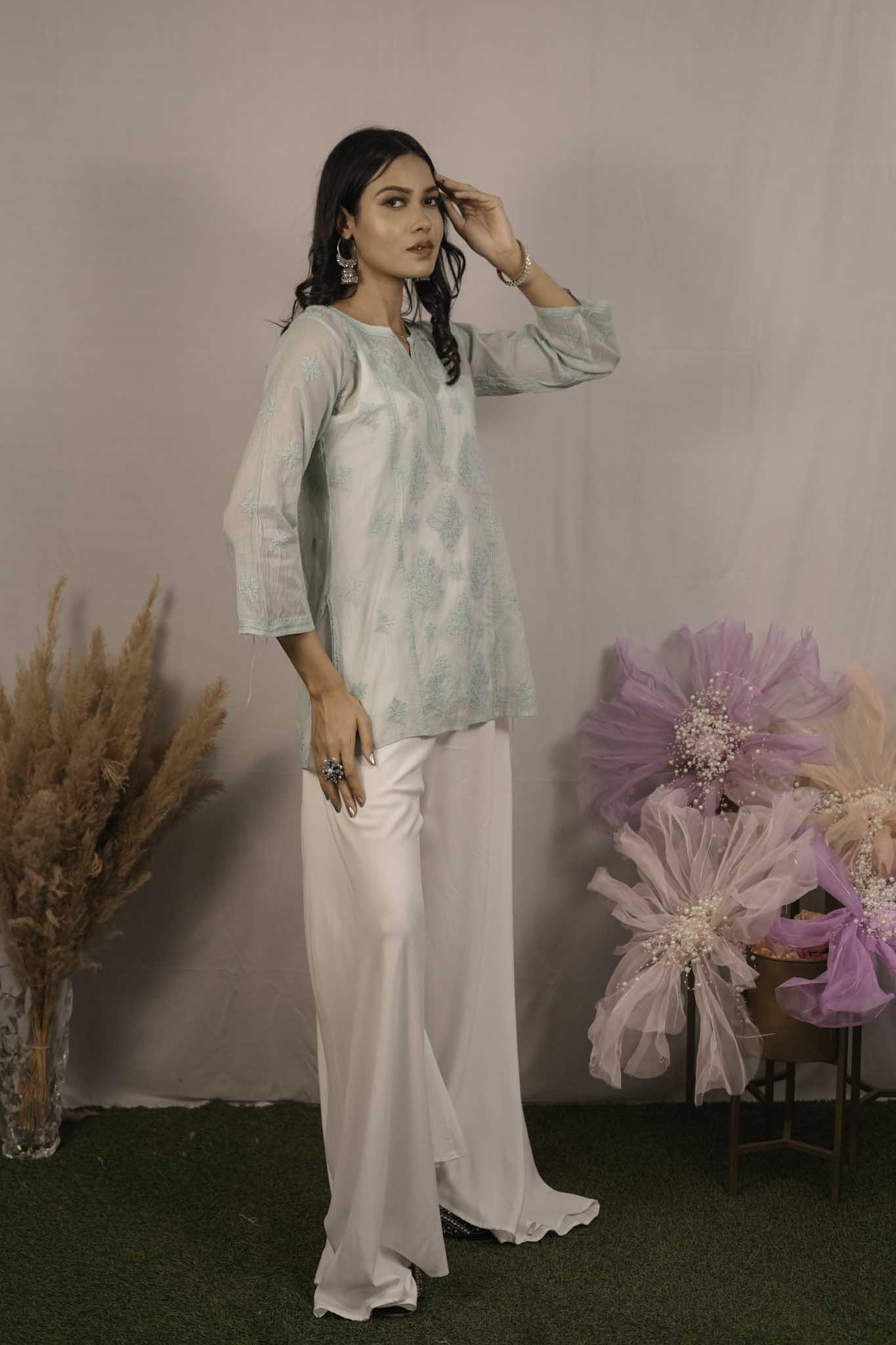 Mulmul Chikankari Green Short Top