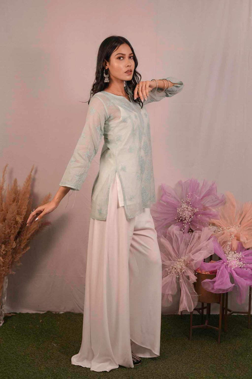 Mulmul Chikankari Green Short Top