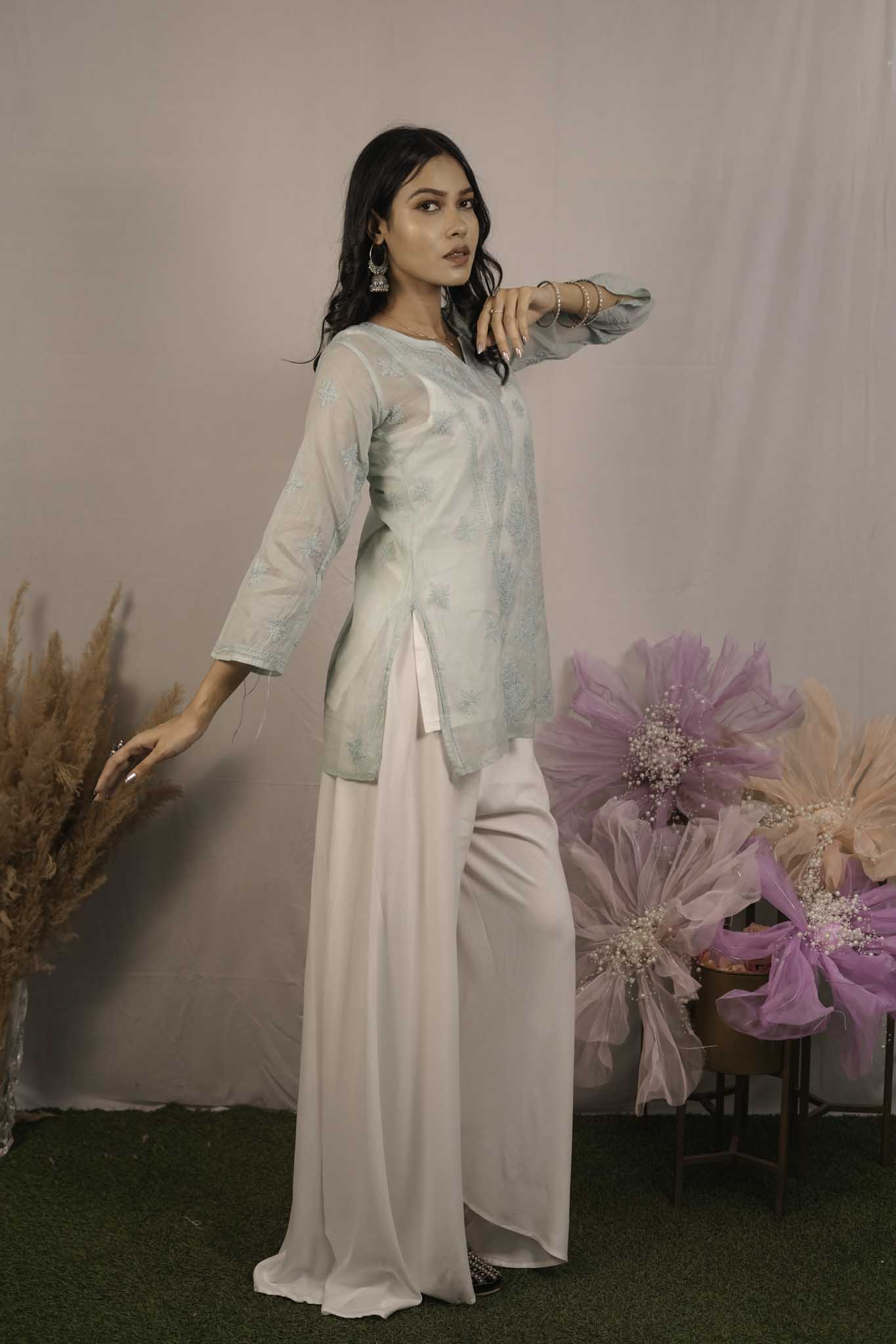 Mulmul Chikankari Green Short Top