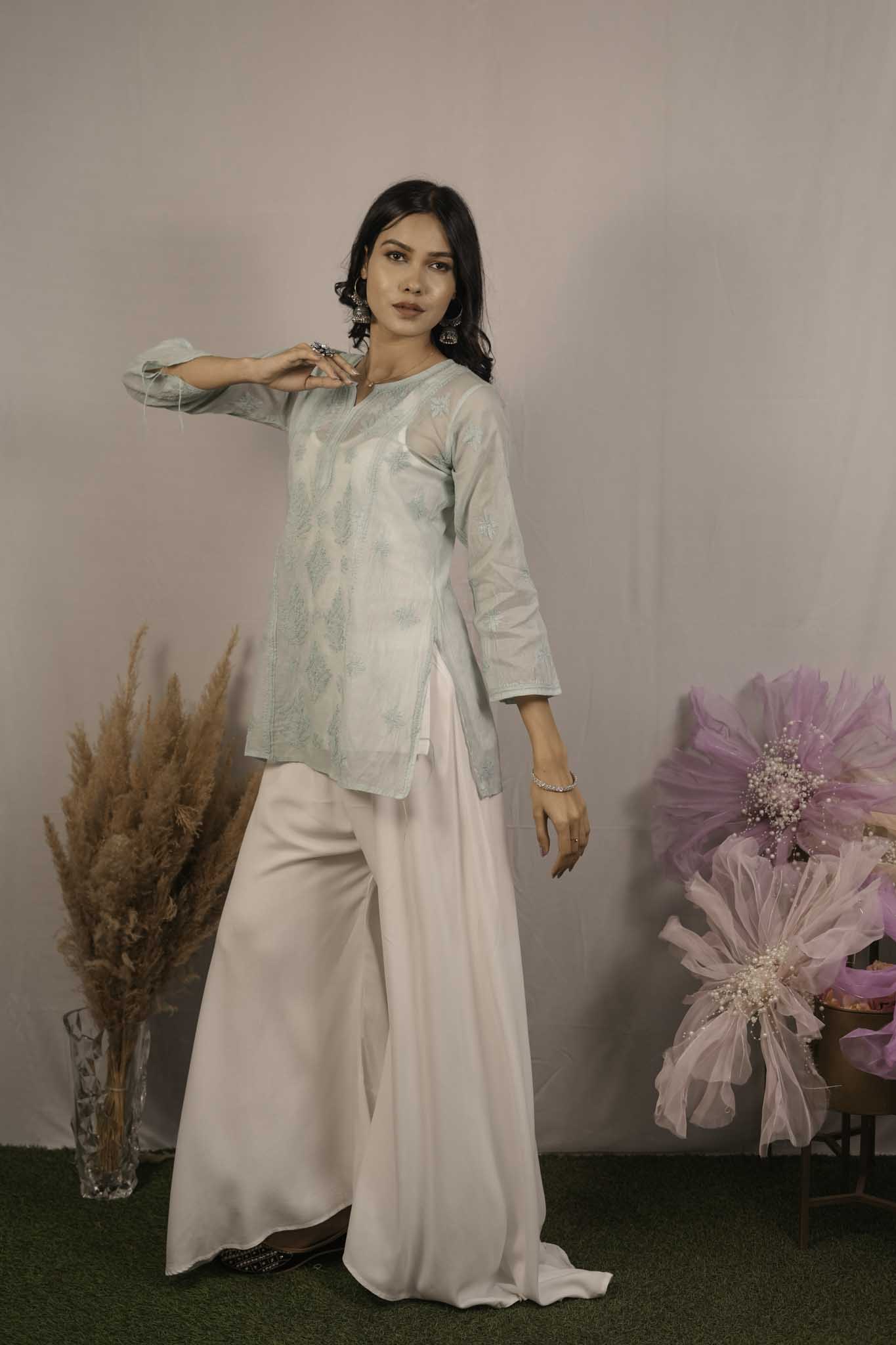 Mulmul Chikankari Green Short Top
