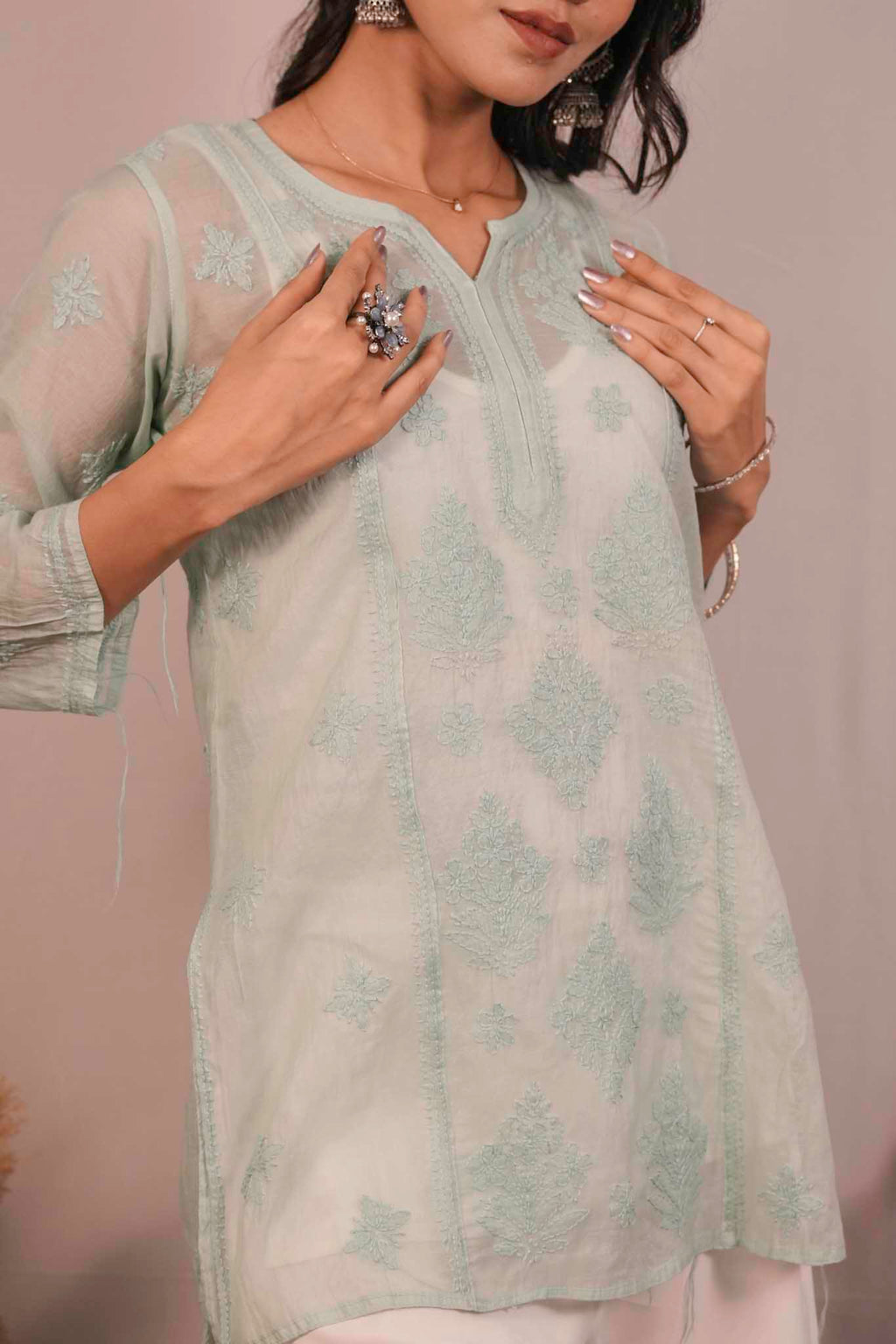 Mulmul Chikankari Green Short Top
