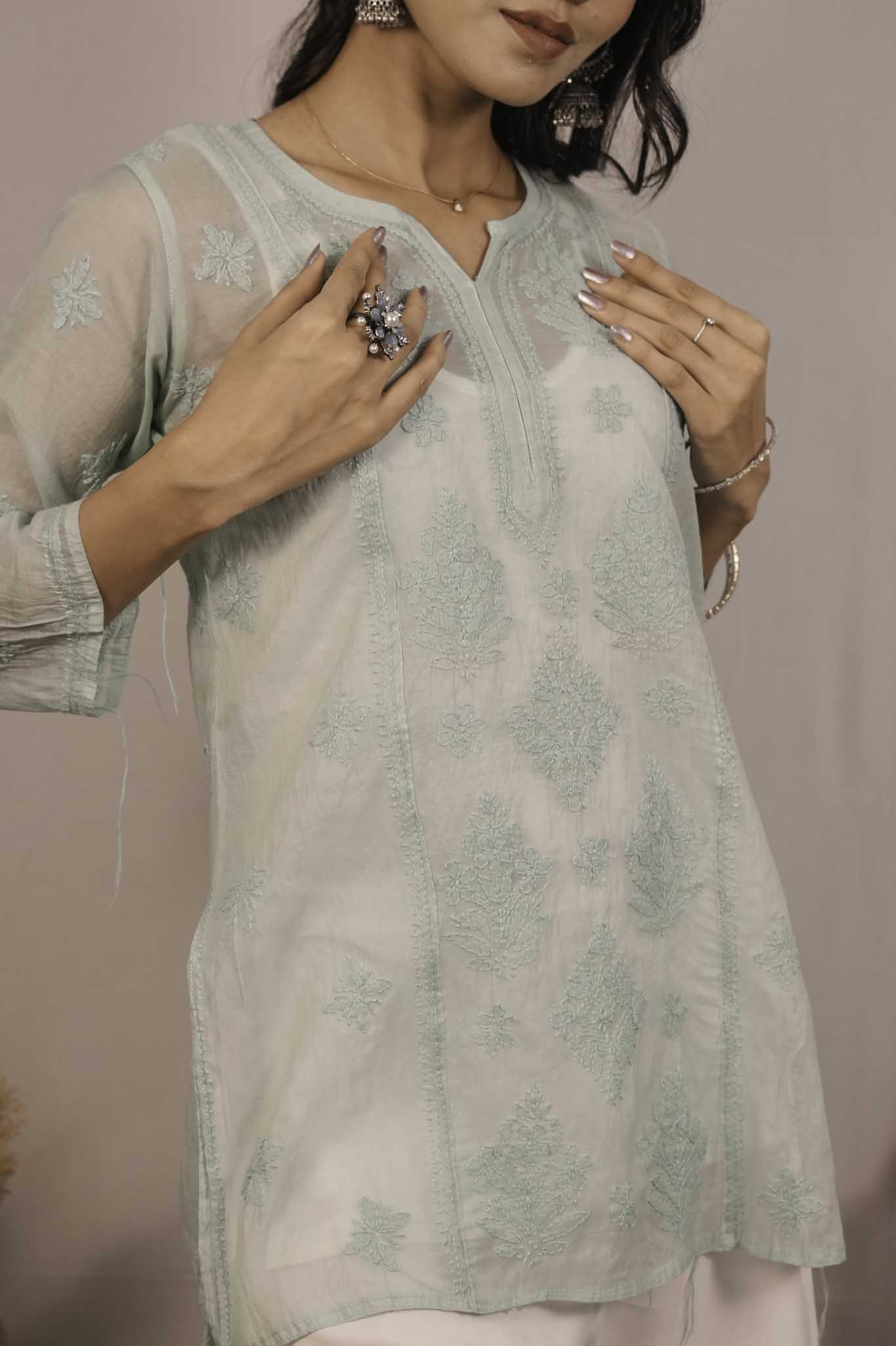 Mulmul Chikankari Green Short Top