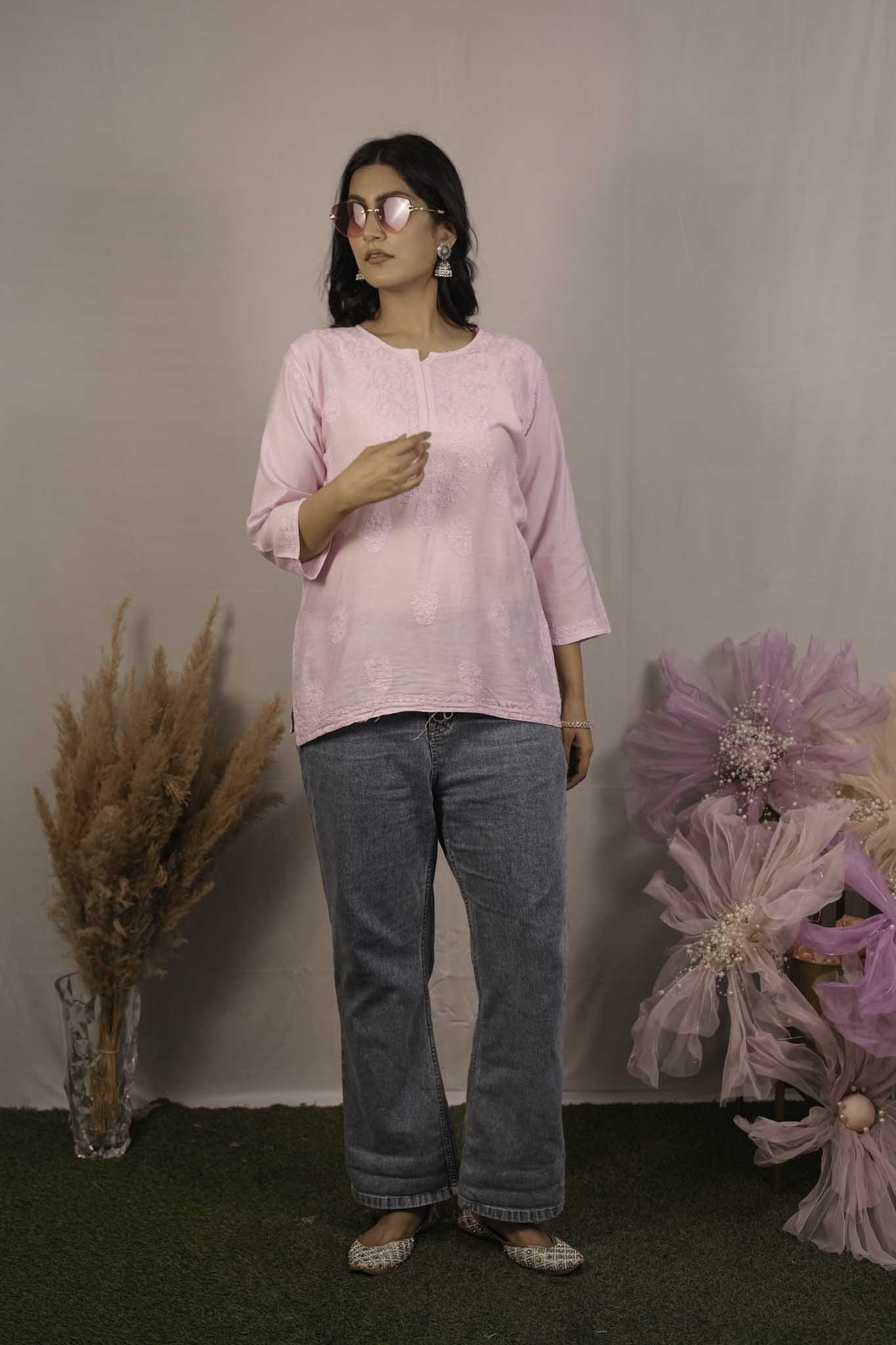 Chanderi Chikankari  Pink Short Kurti