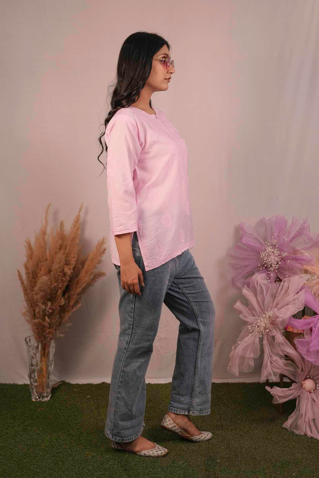 Chanderi Chikankari  Pink Short Kurti