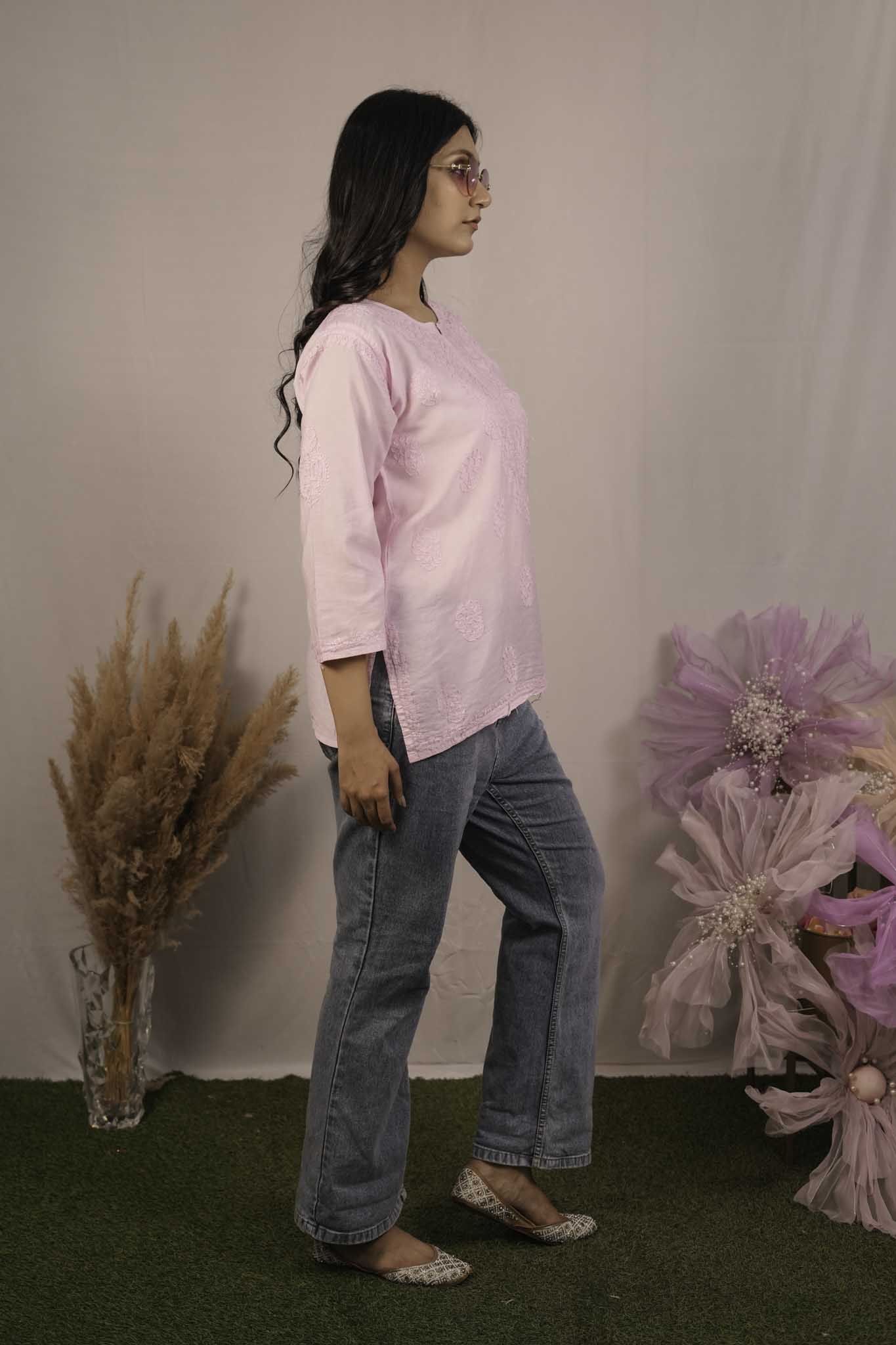 Chanderi Chikankari  Pink Short Kurti