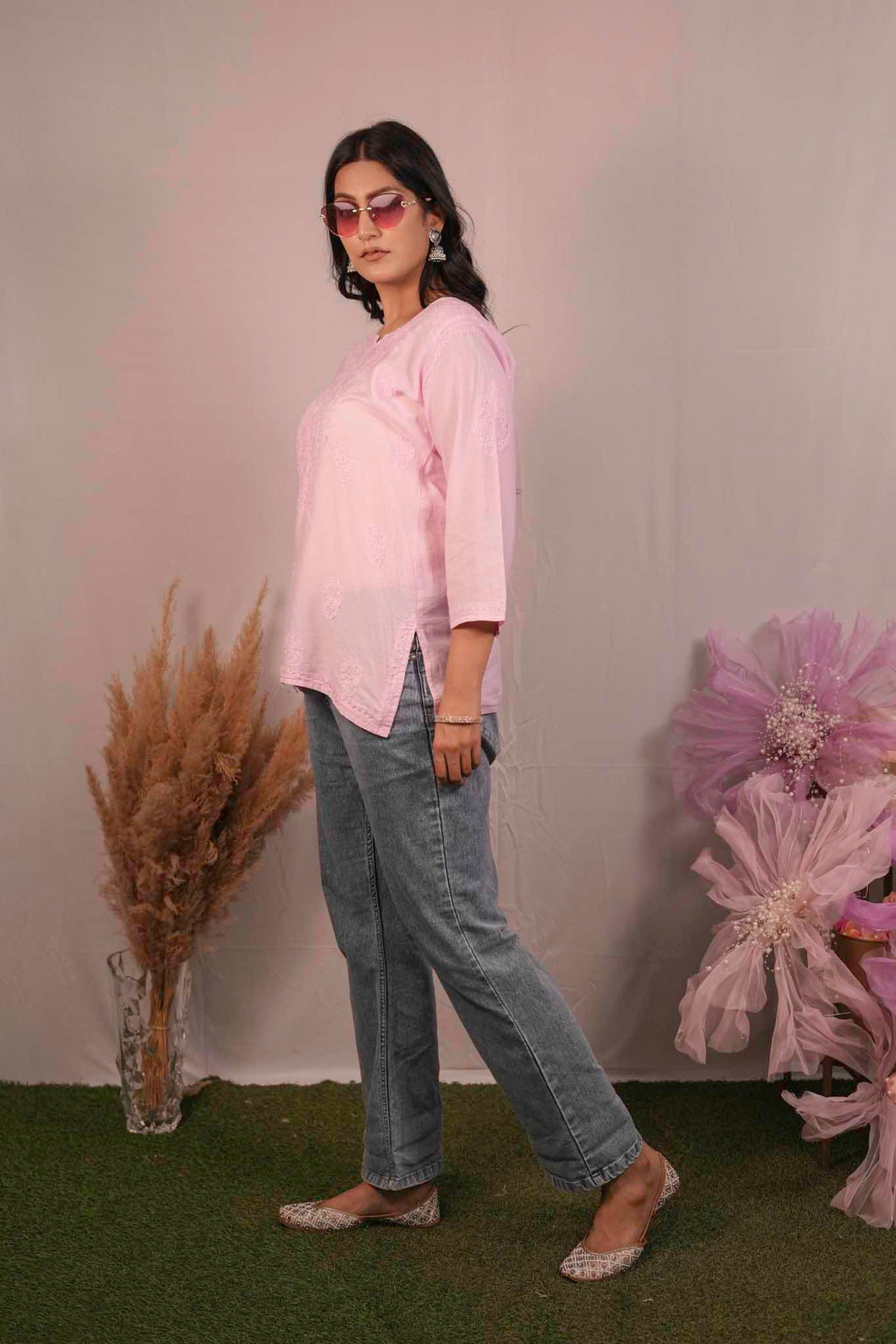 Chanderi Chikankari  Pink Short Kurti