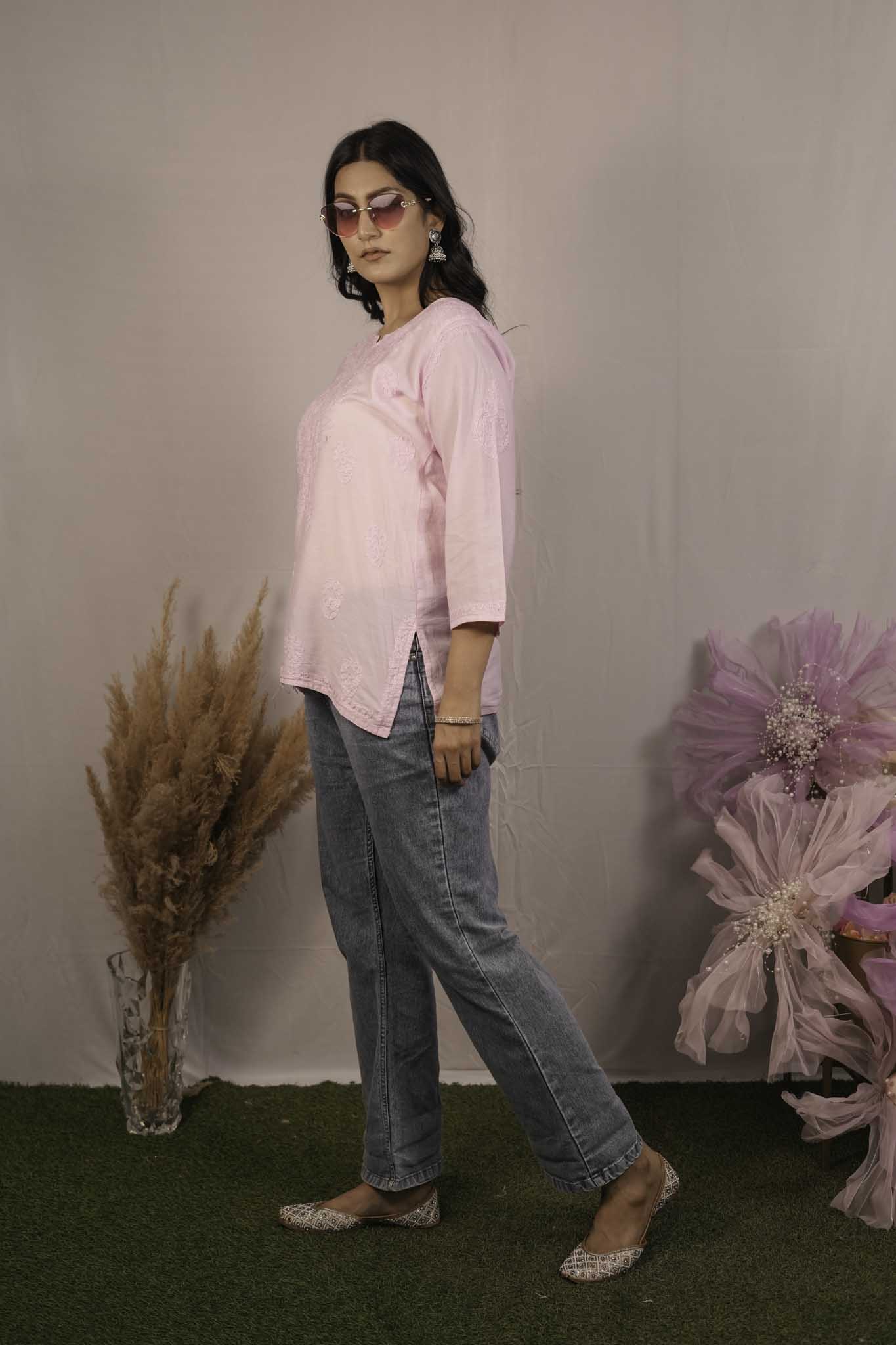 Chanderi Chikankari  Pink Short Kurti
