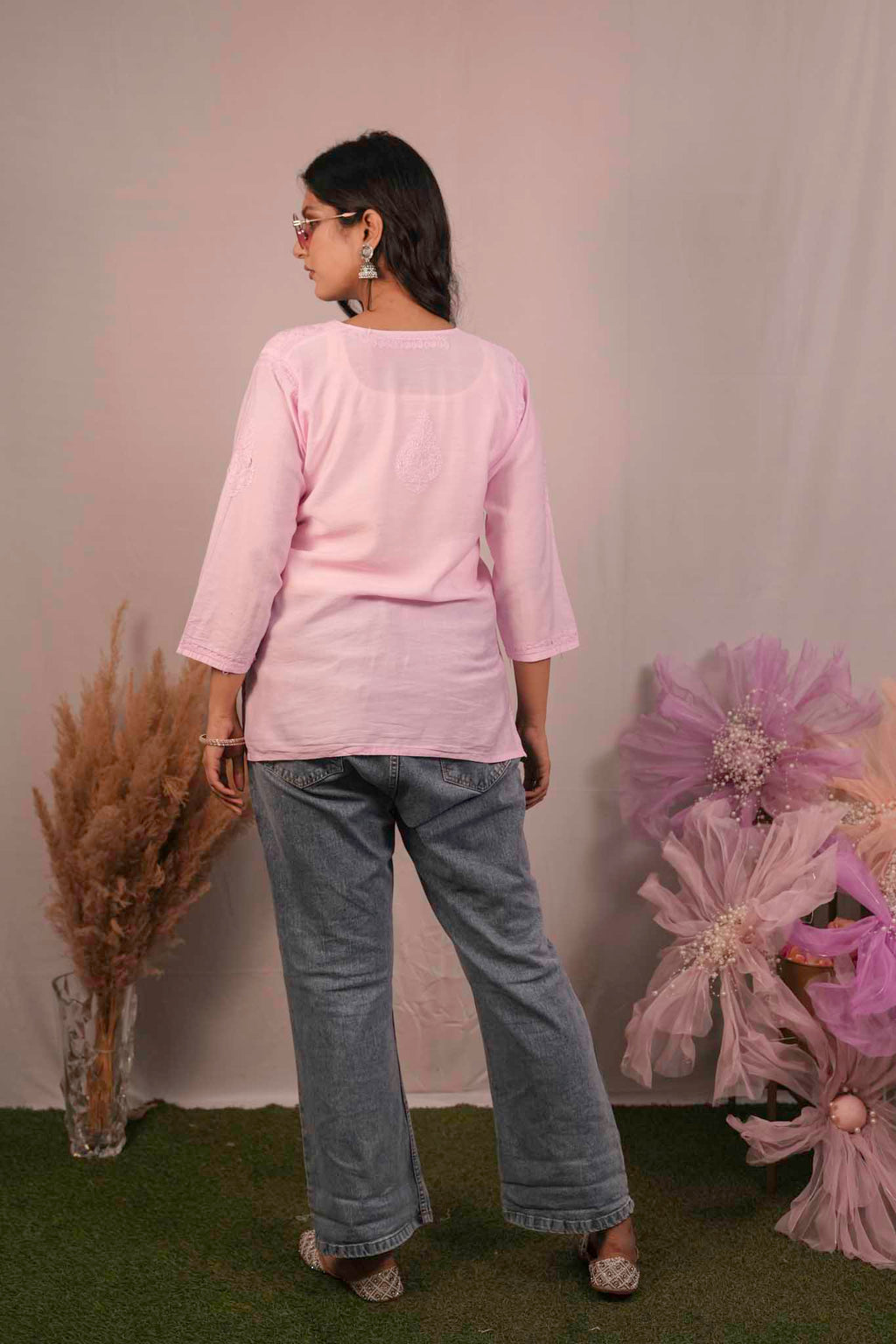 Chanderi Chikankari  Pink Short Kurti