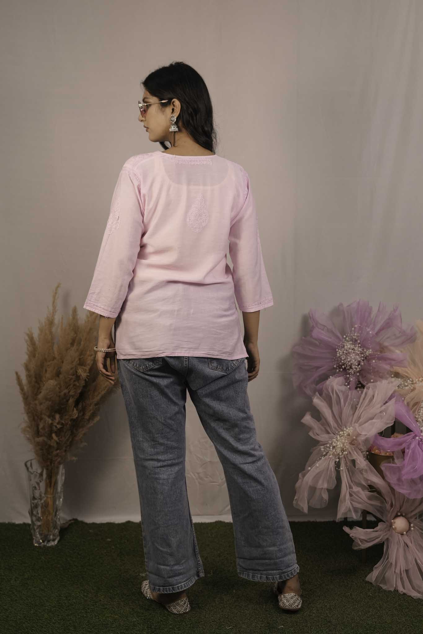 Chanderi Chikankari  Pink Short Kurti