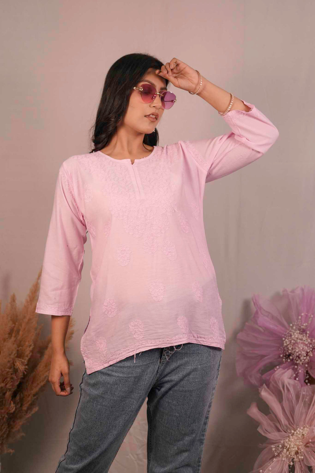 Chanderi Chikankari  Pink Short Kurti