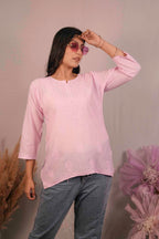 Chanderi Chikankari  Pink Short Kurti