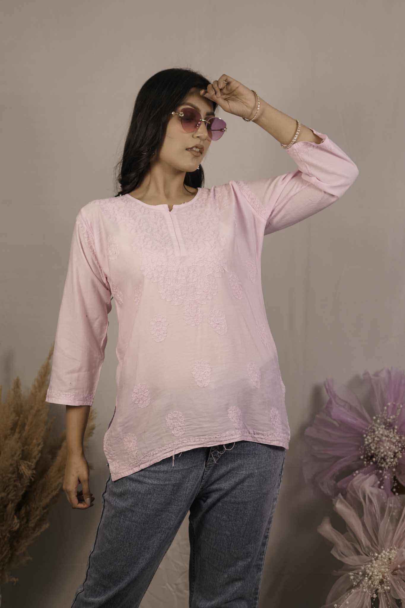 Chanderi Chikankari  Pink Short Kurti