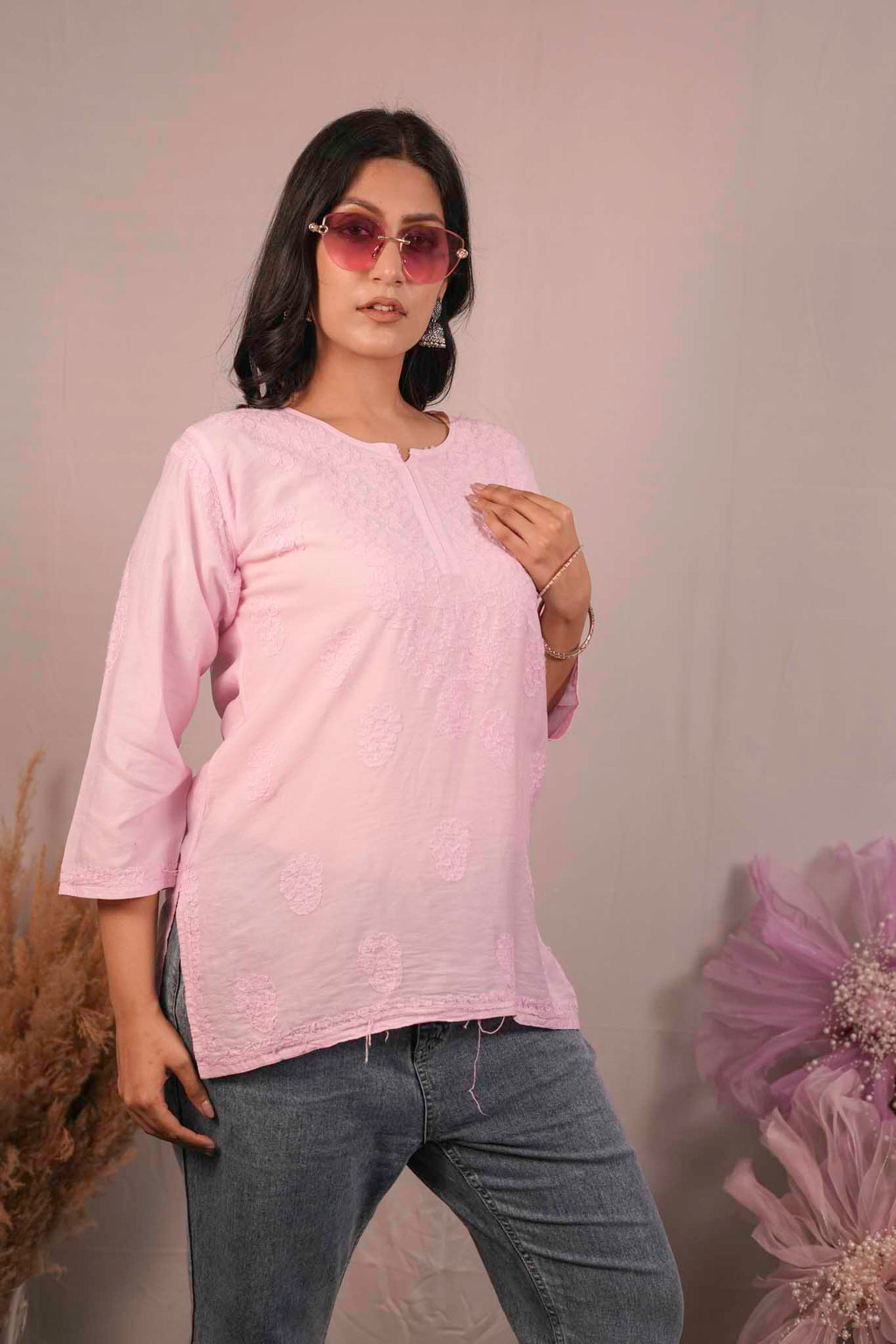 Chanderi Chikankari  Pink Short Kurti