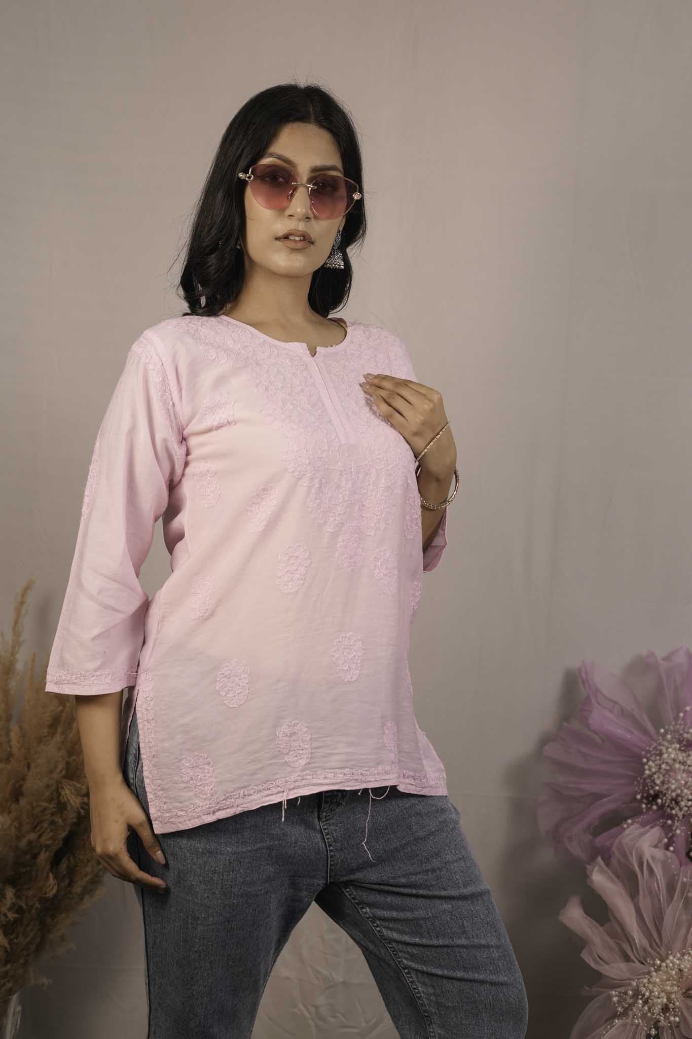 Chanderi Chikankari  Pink Short Kurti
