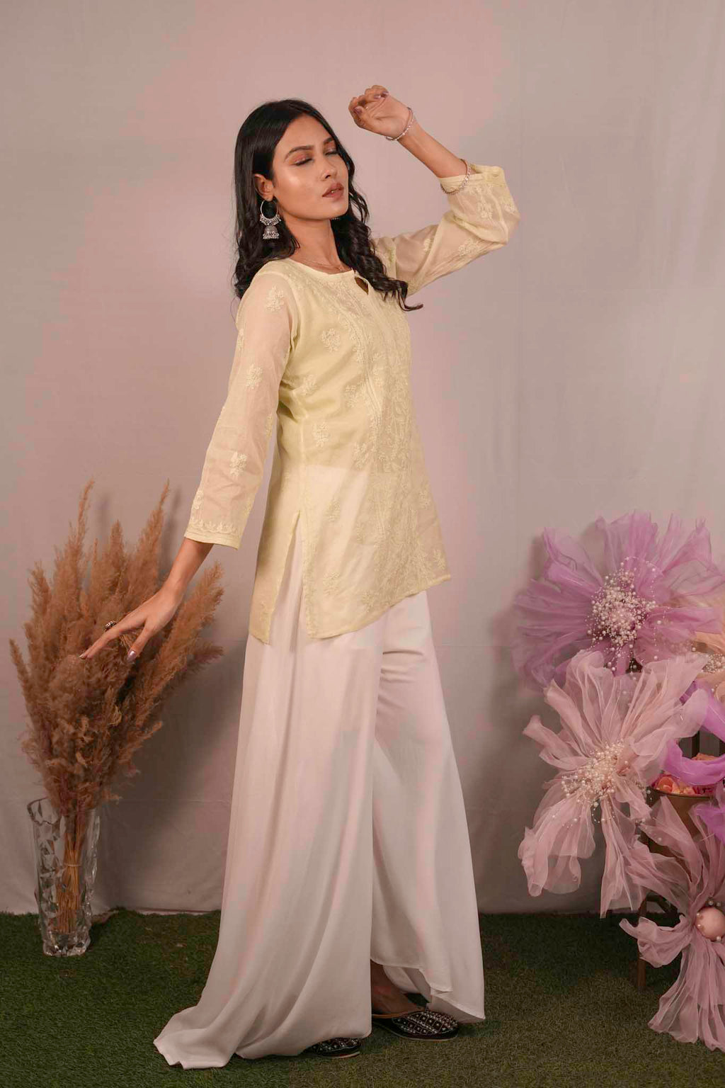Mulmul Chikankari Yellow Short Top