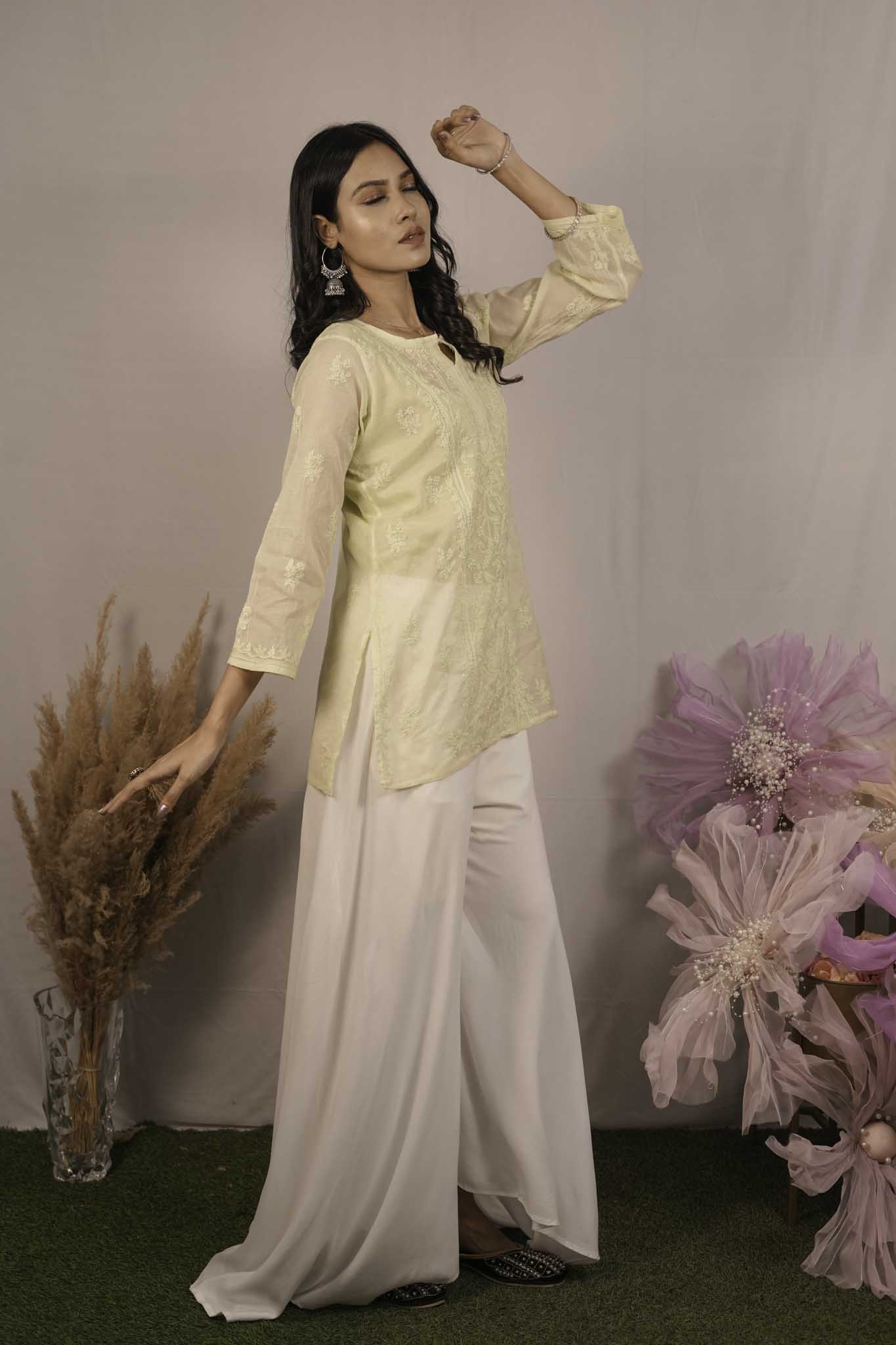 Mulmul Chikankari Yellow Short Top