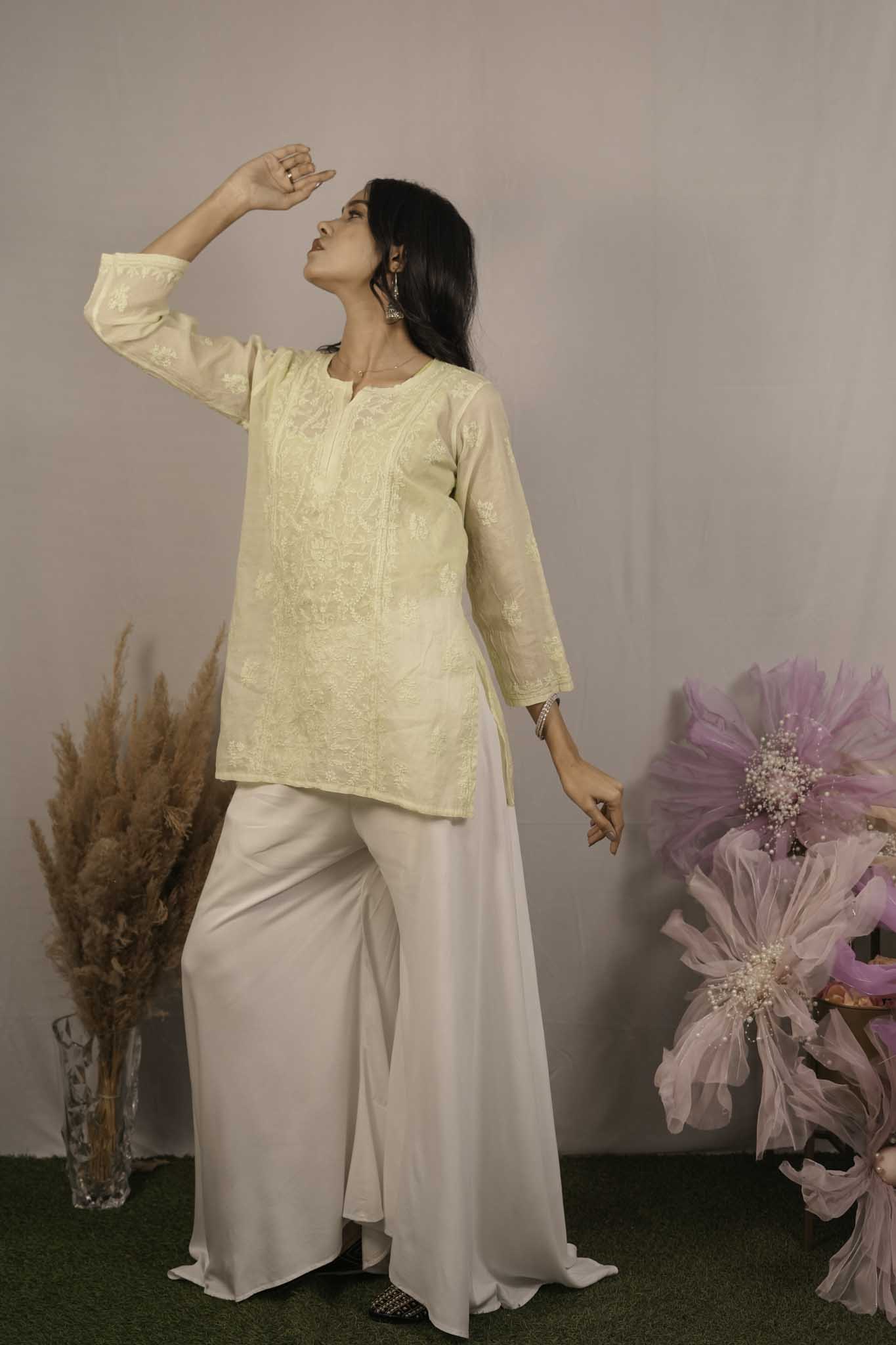 Mulmul Chikankari Yellow Short Top