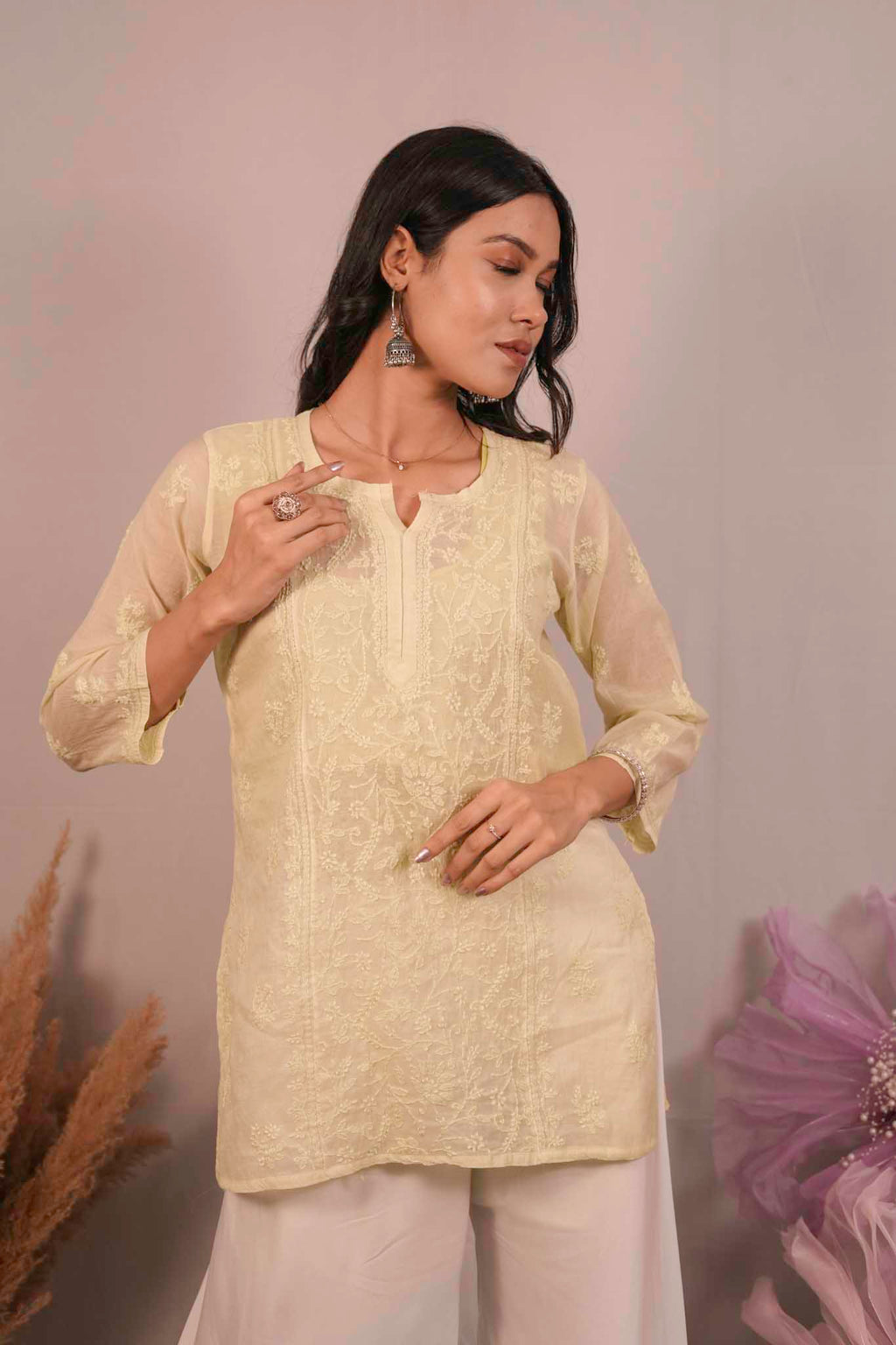 Mulmul Chikankari Yellow Short Top
