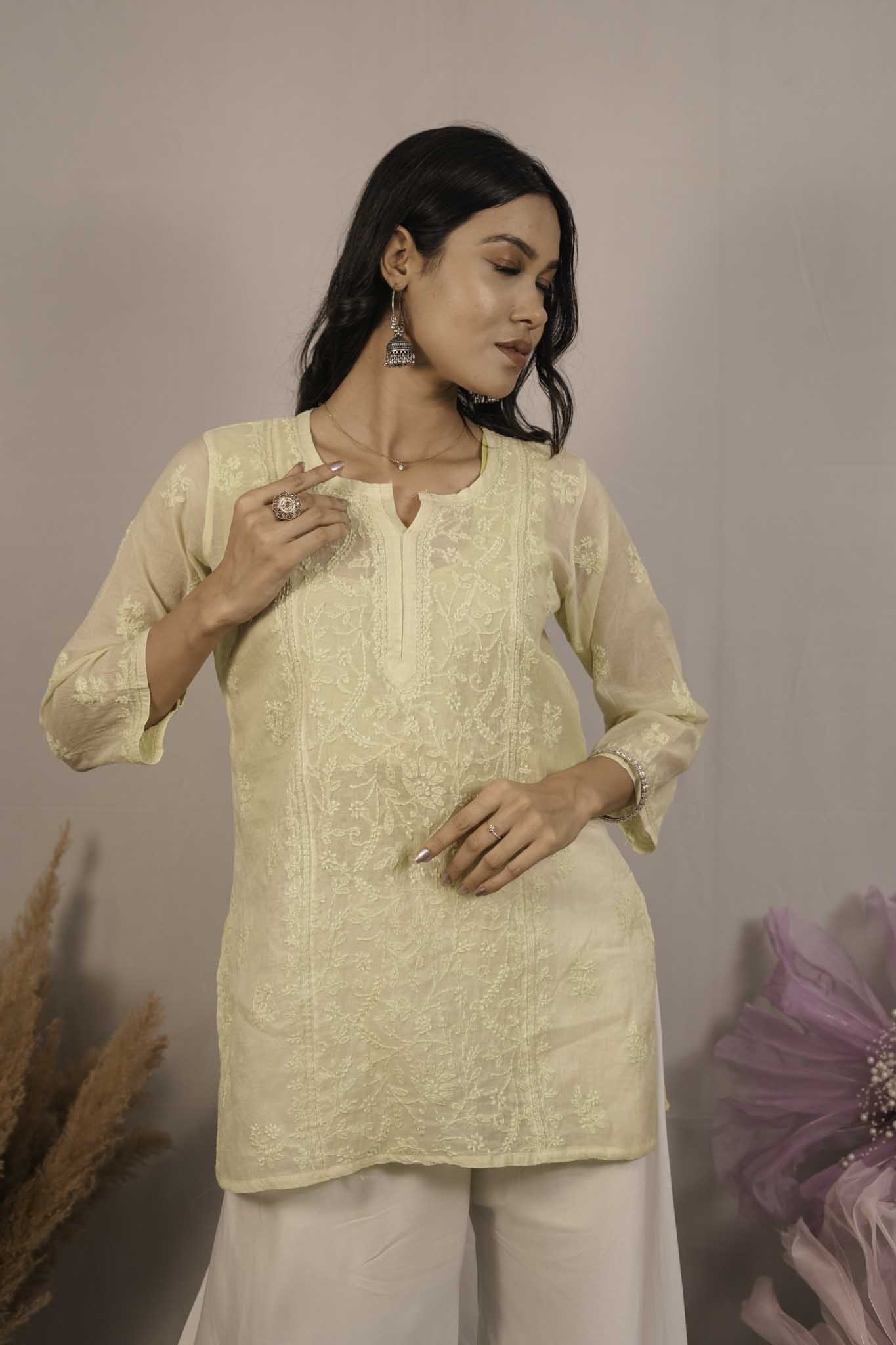 Mulmul Chikankari Yellow Short Top