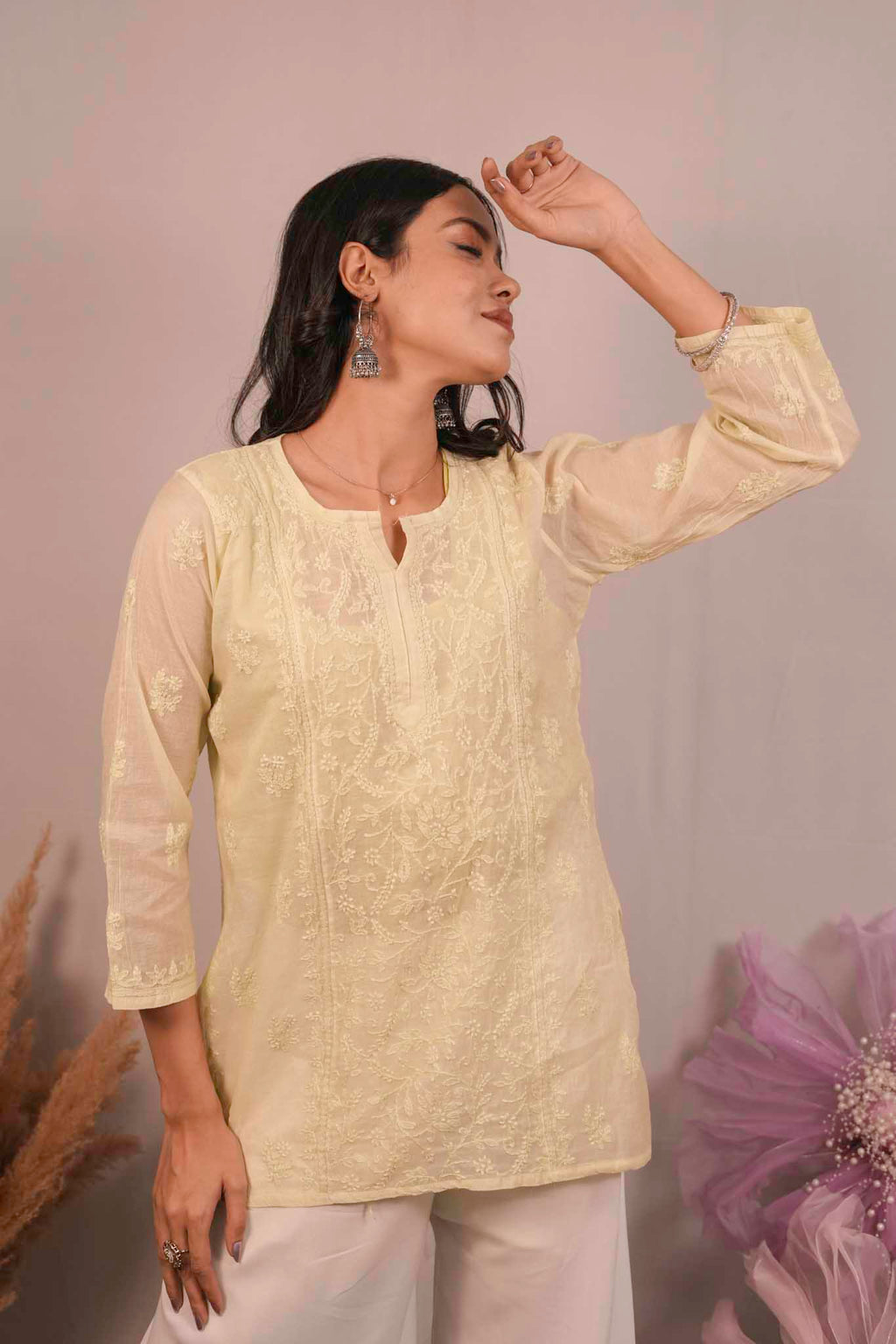 Mulmul Chikankari Yellow Short Top