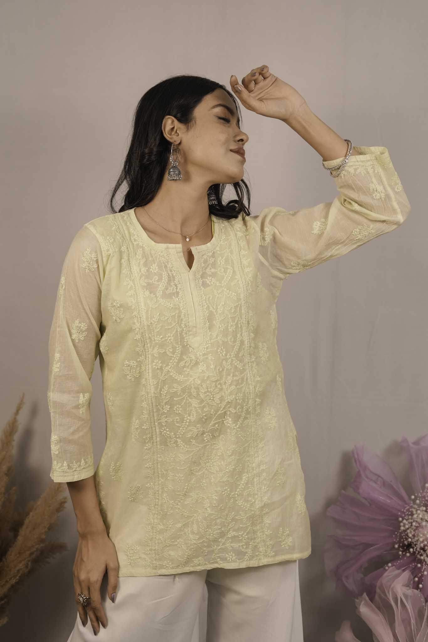 Mulmul Chikankari Yellow Short Top