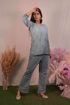 Chanderi Chikankari Blue Short Kurti