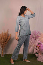 Chanderi Chikankari Blue Short Kurti