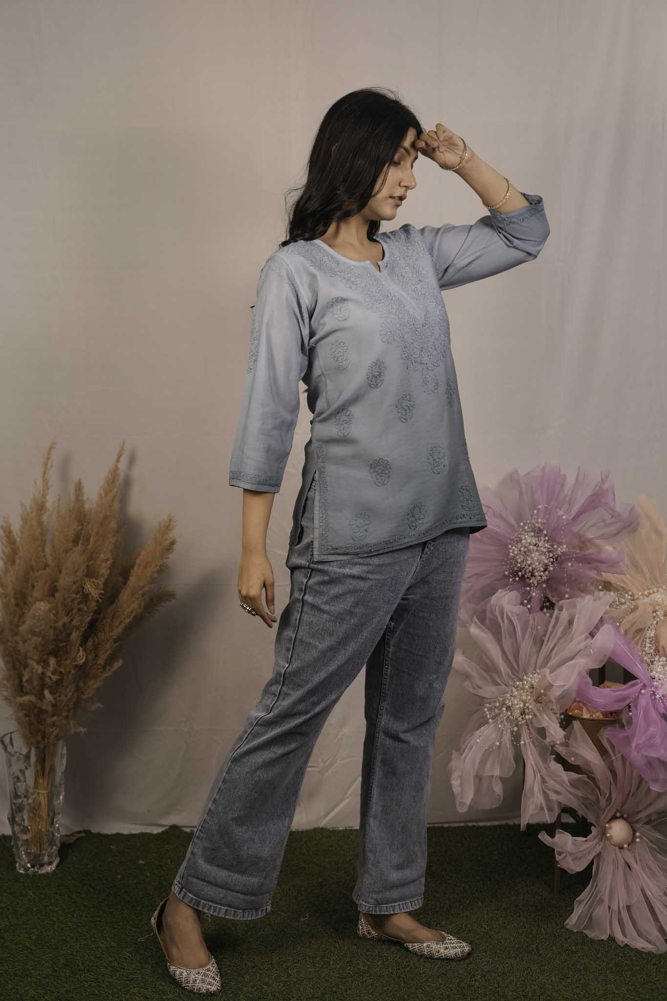 Chanderi Chikankari Blue Short Kurti
