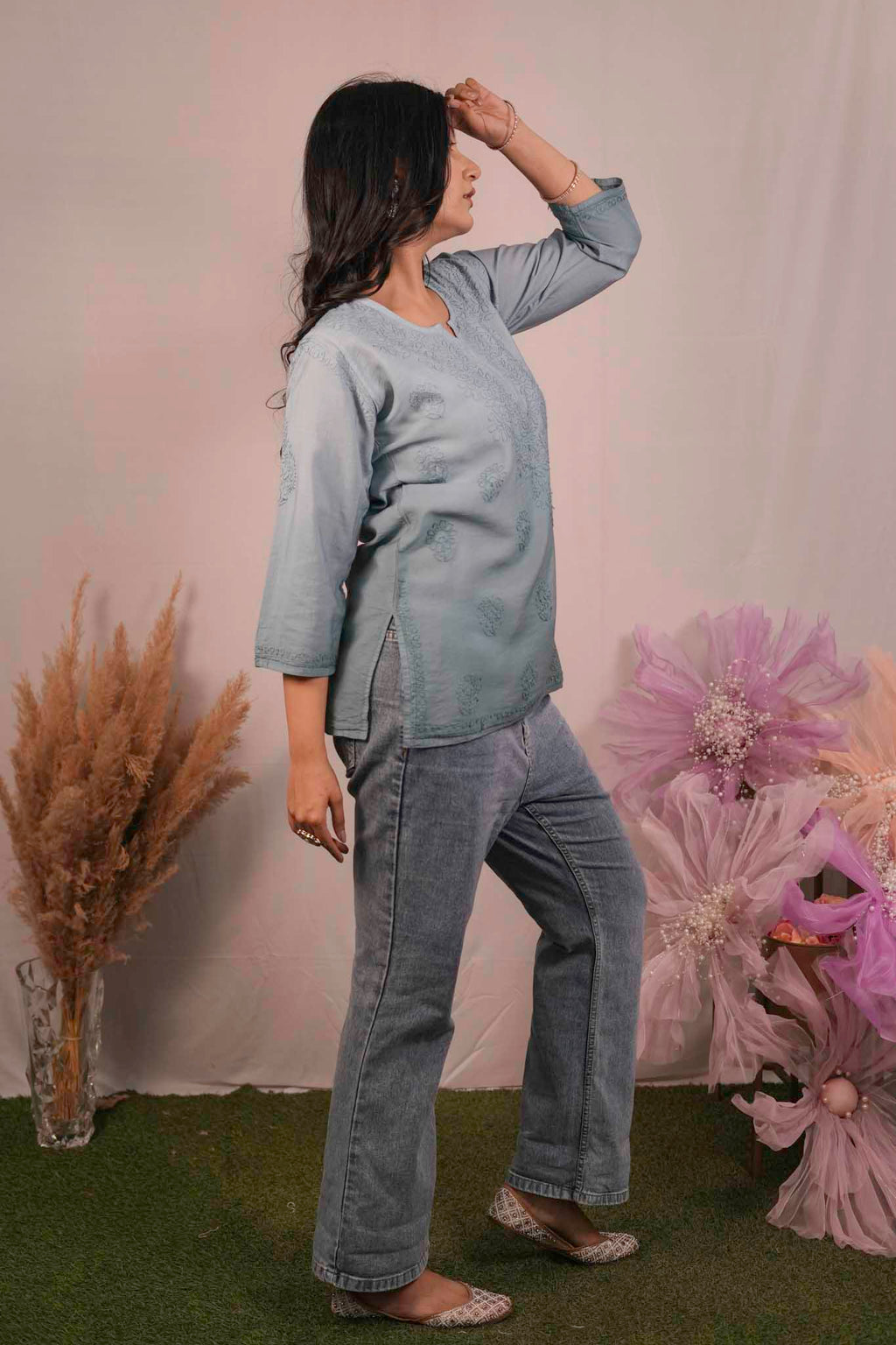 Chanderi Chikankari Blue Short Kurti