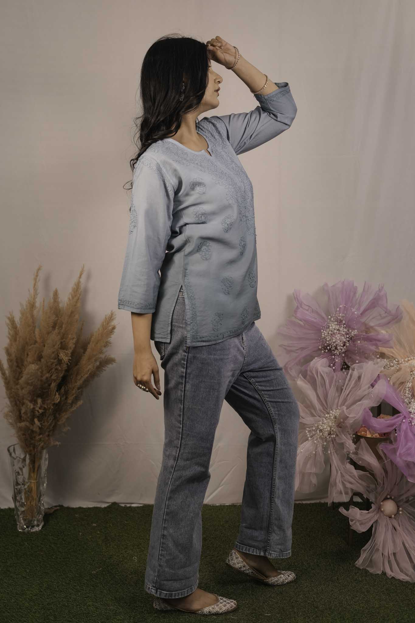 Chanderi Chikankari Blue Short Kurti