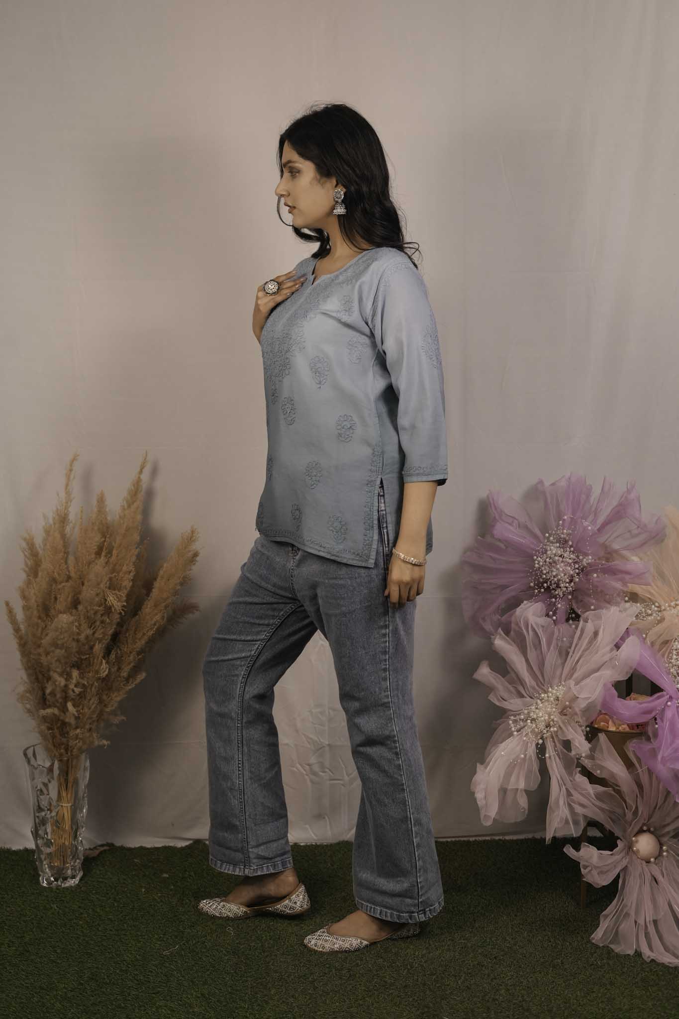 Chanderi Chikankari Blue Short Kurti