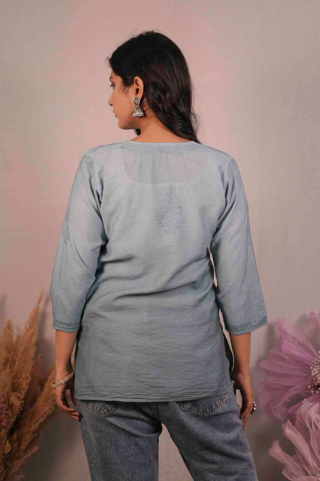 Chanderi Chikankari Blue Short Kurti