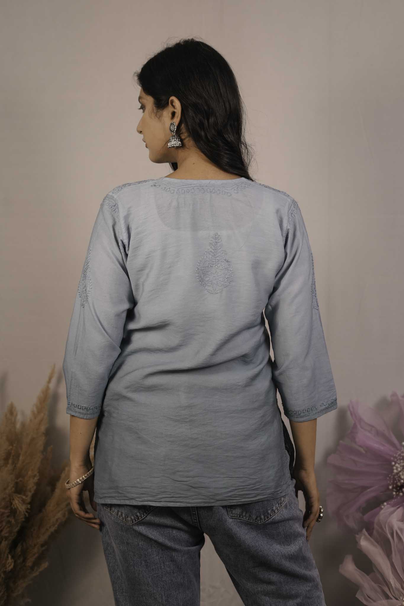 Chanderi Chikankari Blue Short Kurti