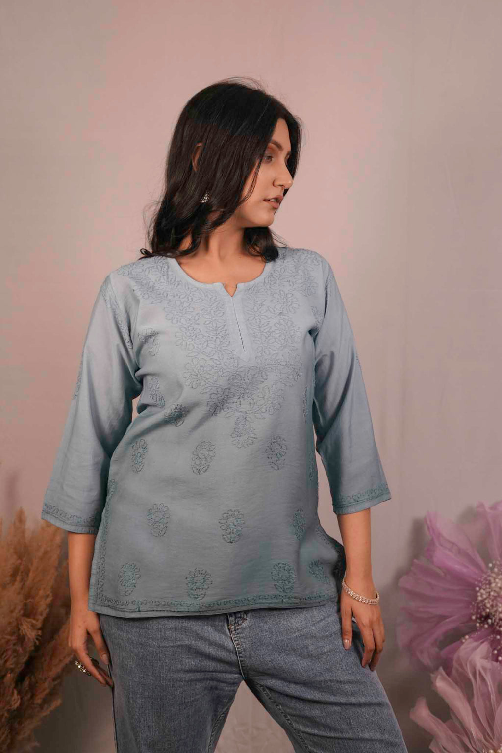 Chanderi Chikankari Blue Short Kurti