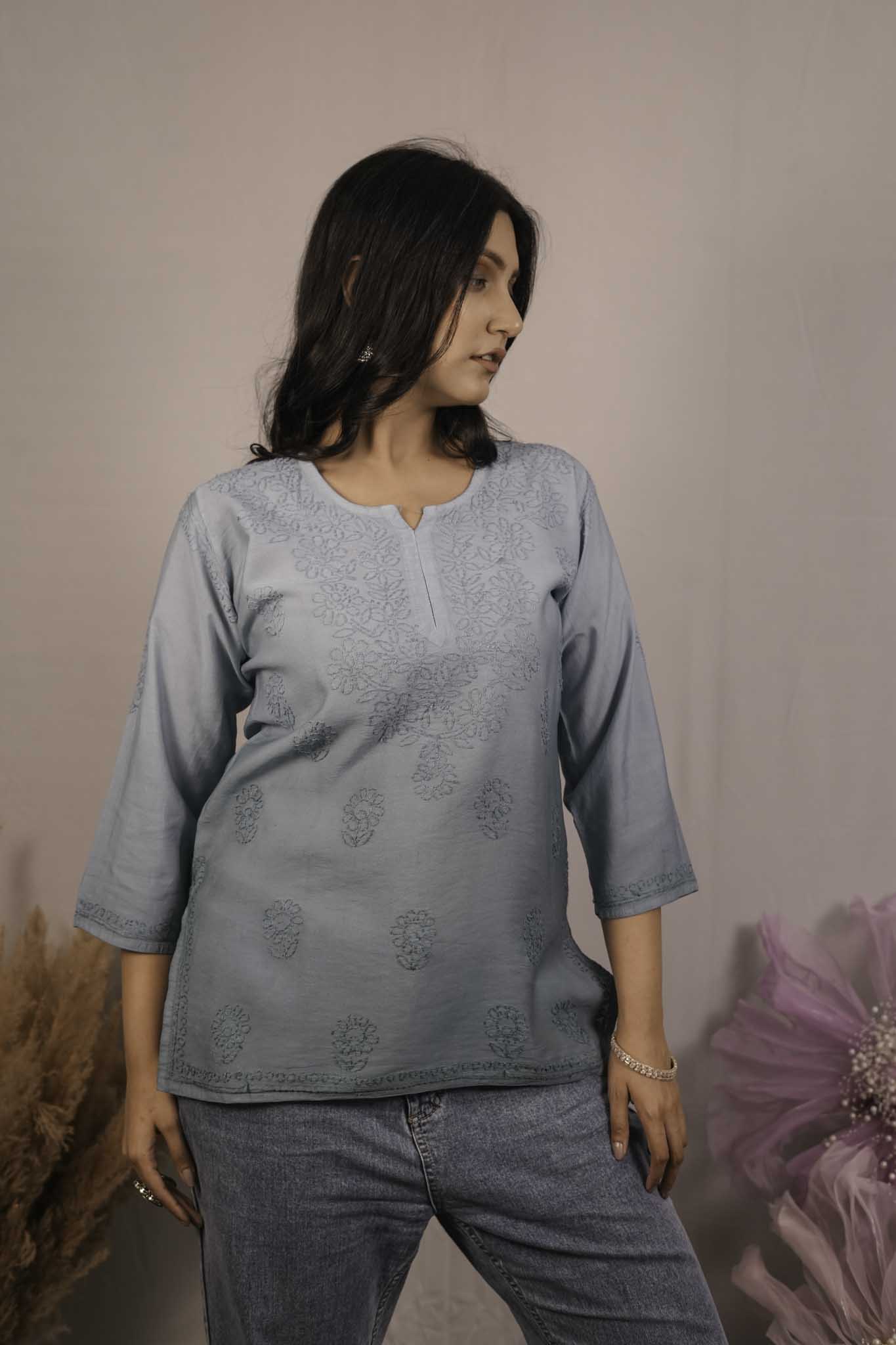 Chanderi Chikankari Blue Short Kurti