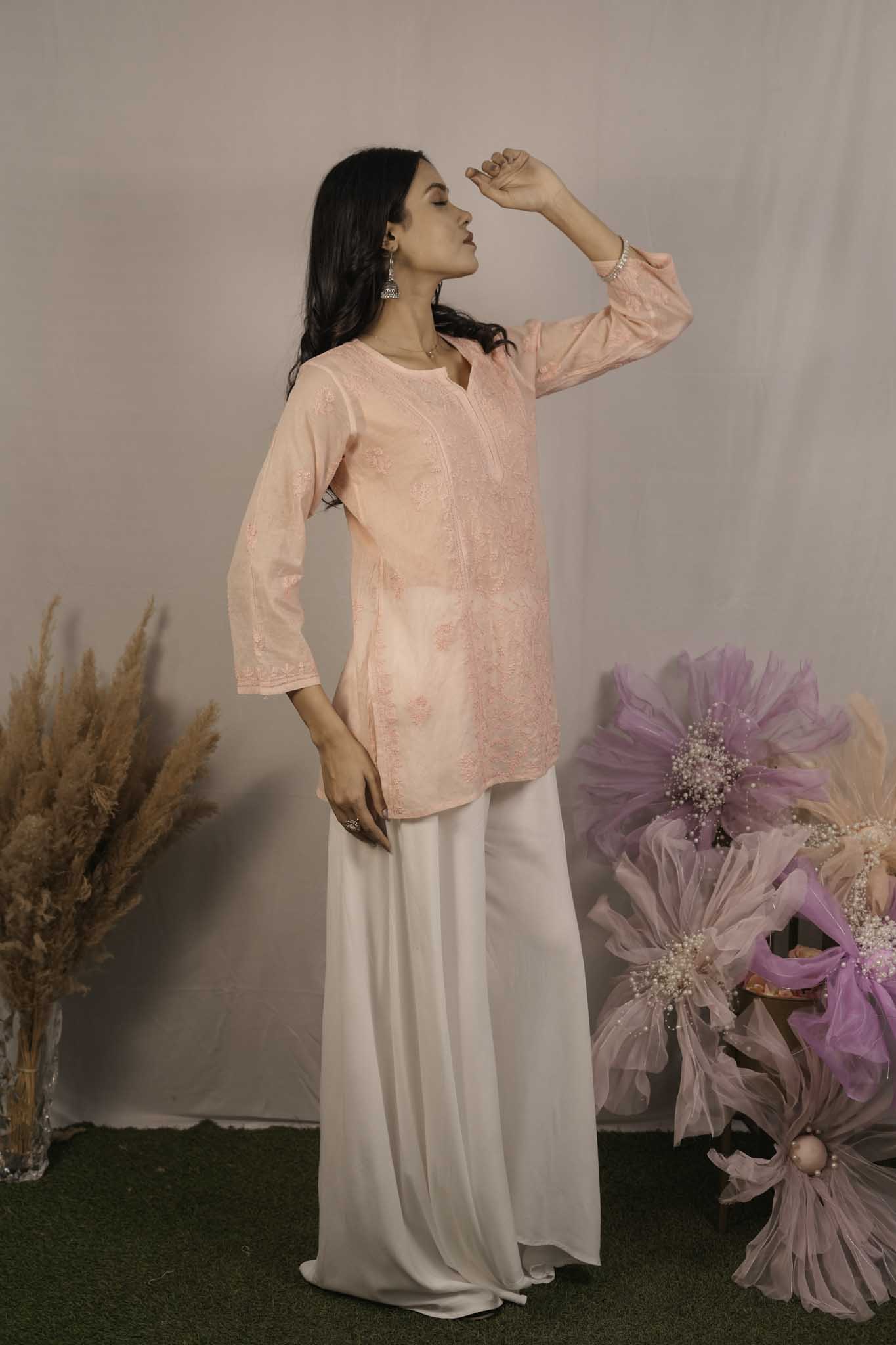 Mulmul Chikankari Orange Short Top