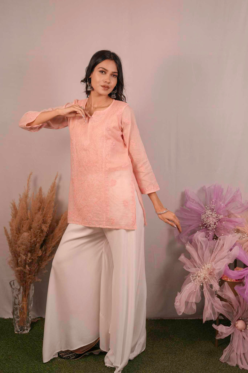 Mulmul Chikankari Orange Short Top