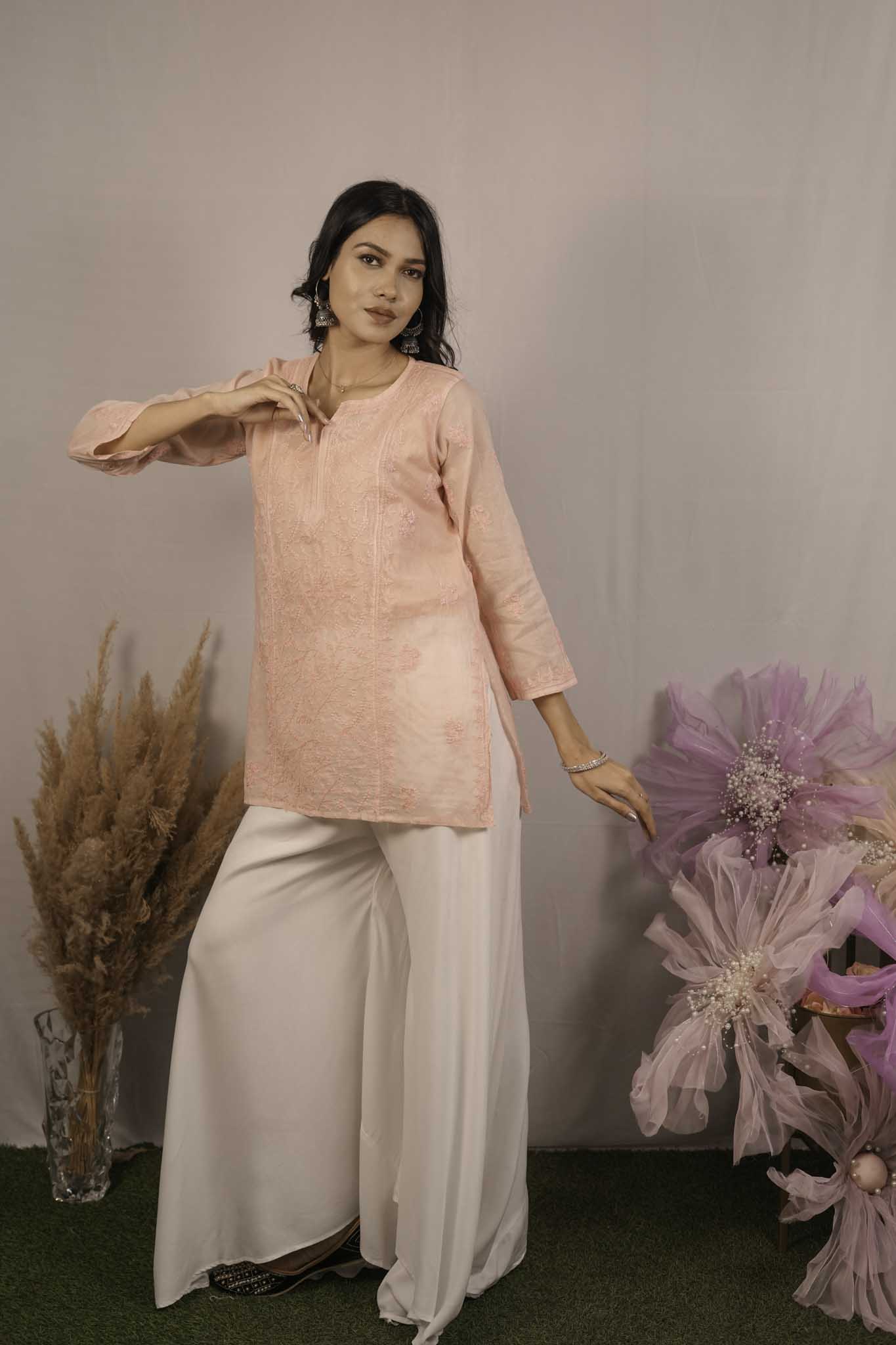Mulmul Chikankari Orange Short Top